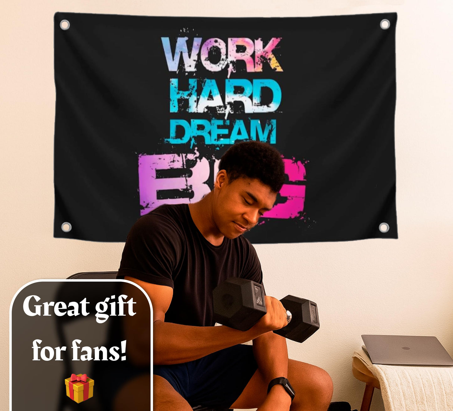 3x5 Feet Black Motivation Quoted Polyester Flag "Work Hard Dream Big" with Four Brass Grommets - Large Motivational Quote Wall Flag for Home Gym Decor - Banner Room Decor Aesthetic for Ofiice