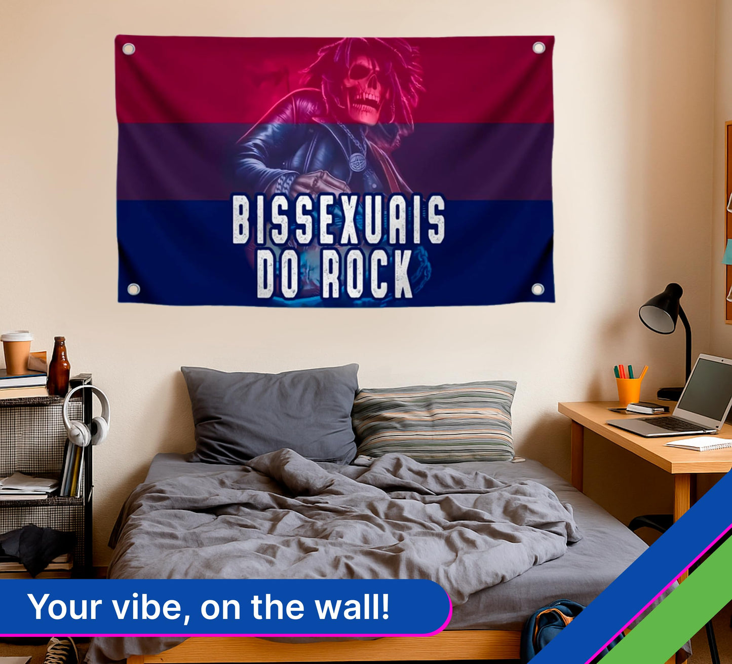 3x5 Feet Tapestry Flag Bissexuals Do Rock with Four Brass Grommets - Polyester Skeleton Musical Banners Can Be Used Indoor or Outdoor - Funny LGBT College Dorm Flags for Girls