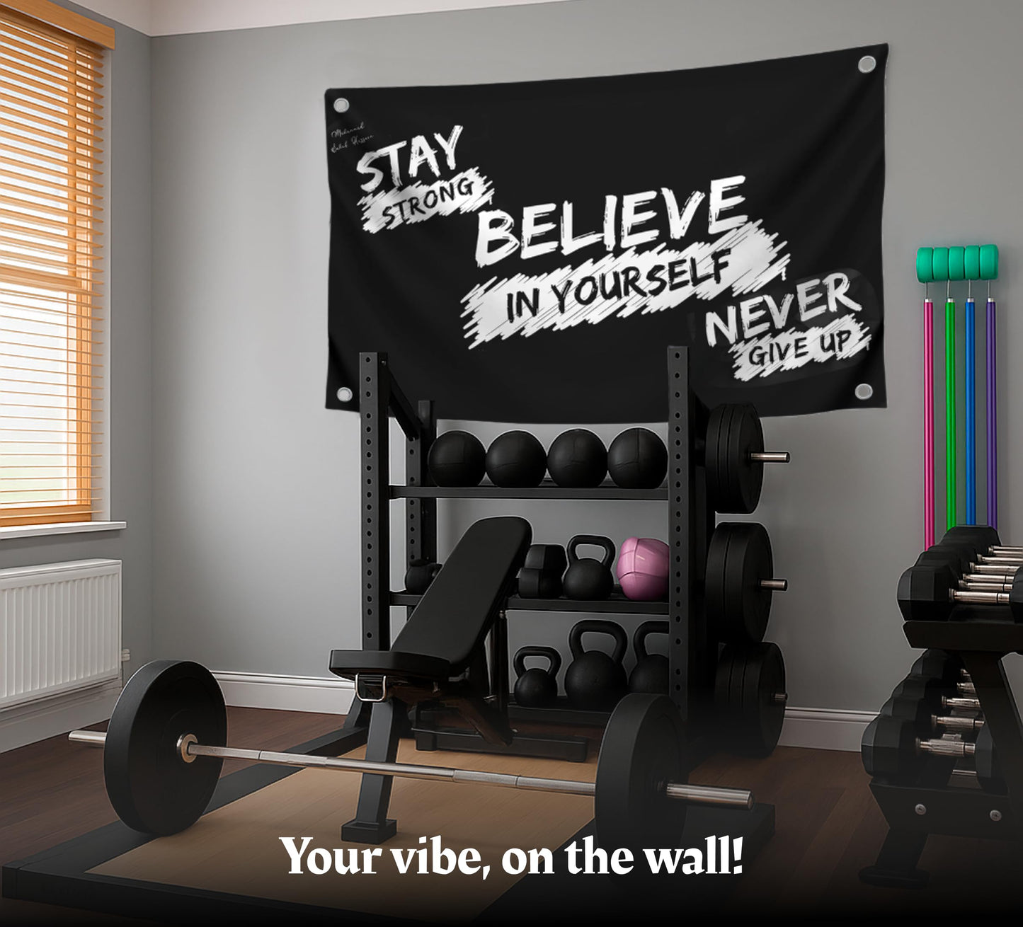 3x5 Feet Motivational Single Sided Flag "Stay Strong Believe In Yourself Never Give Up" with 4 Brass Grommets - Wall Polyester Banner for Bedroom Decoration - Gym Masculine Room Decor for Men