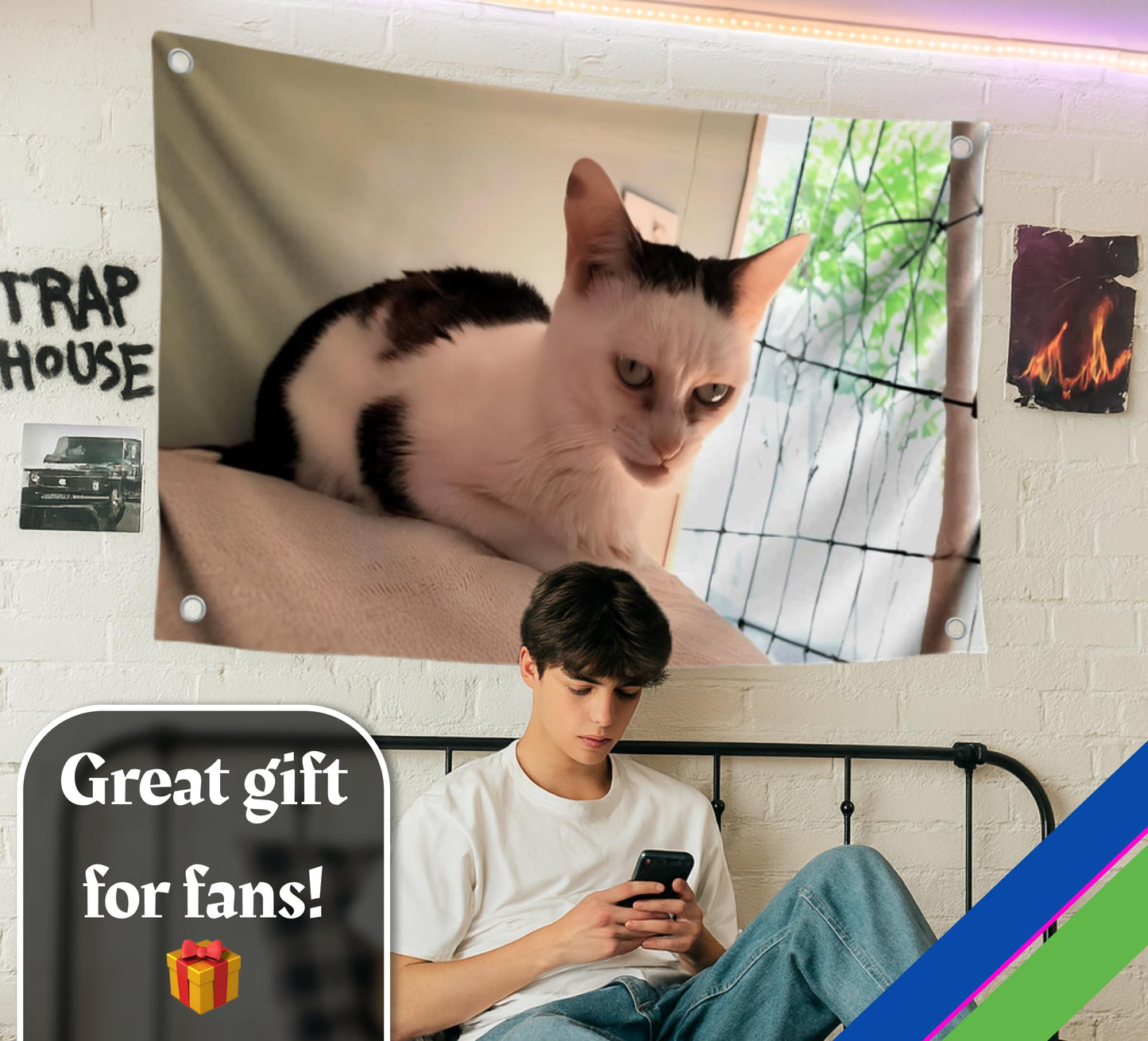 3x5 Feet Cat with a Human Face Tapestry Single Sided Flag with 4 Grommets - Polyester Funny Cats Outdoor or Indoor Flag - Tapestry Cats with Sad Face Meme Wall Decor - Animals Tapestry For Classroom