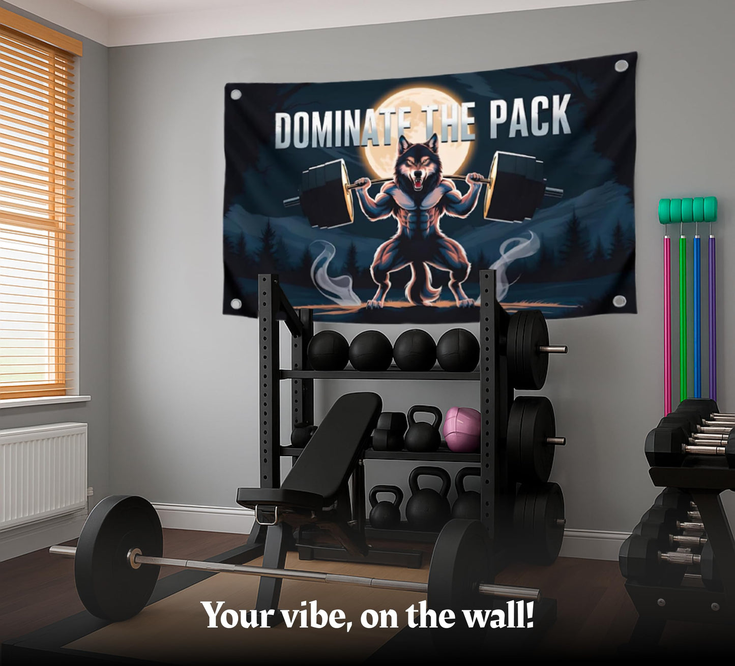3x5 Feet Motivation Wolf Flag "Dominate The Pack" with Four Brass Grommets - Inspirational Banner with Cool Motivation - Motivational Gym Banner for Wall Decoration - Polyester Decor for Gym