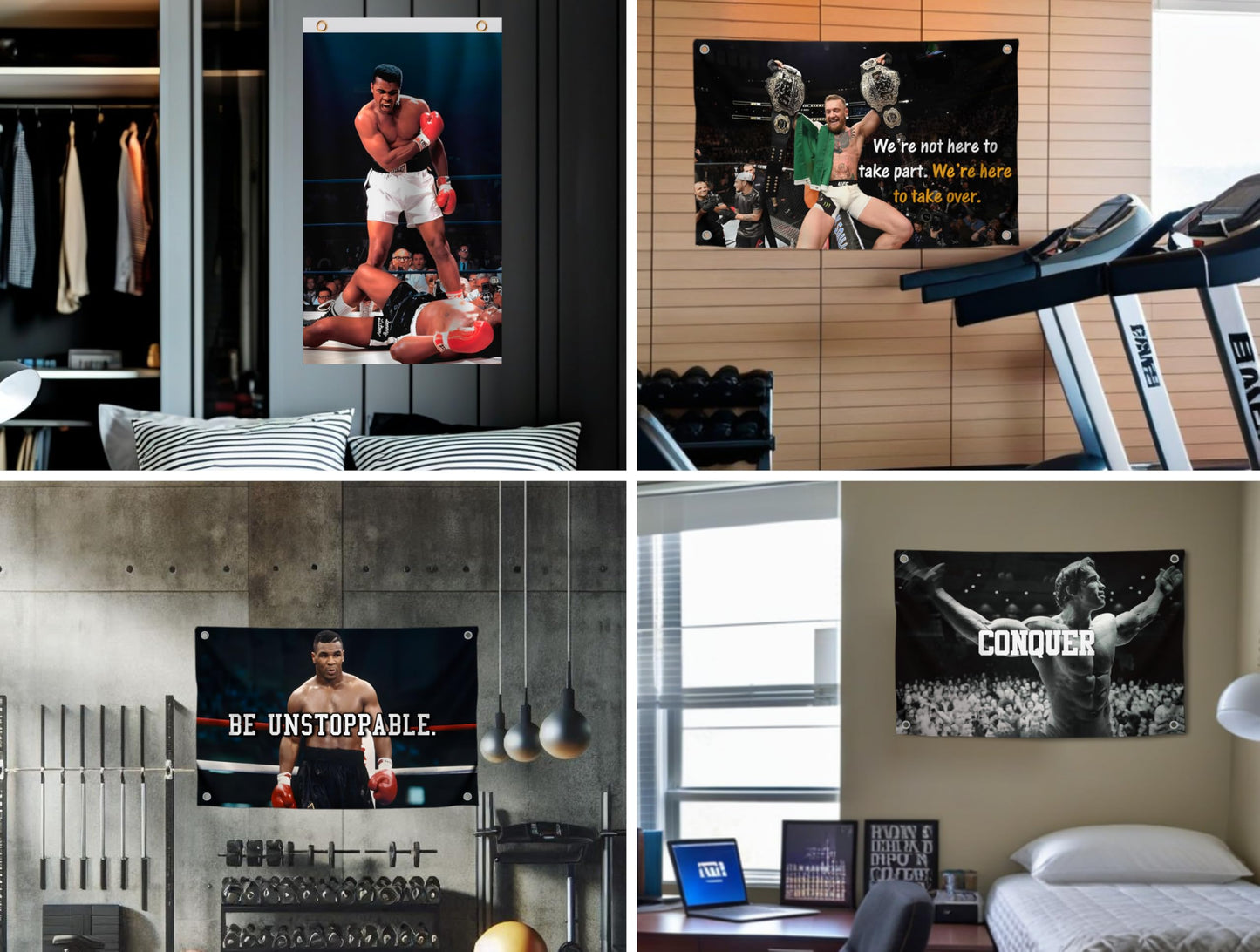 Set 4X Motiv Sports and Quote Polyester Flags 3x5 Ft with 4 and 2 Grommets - Muhammad Motivational Workout Single Sided Banner - Inspire Your Workout with this Banner - Boxing Inspirational Gym Flags