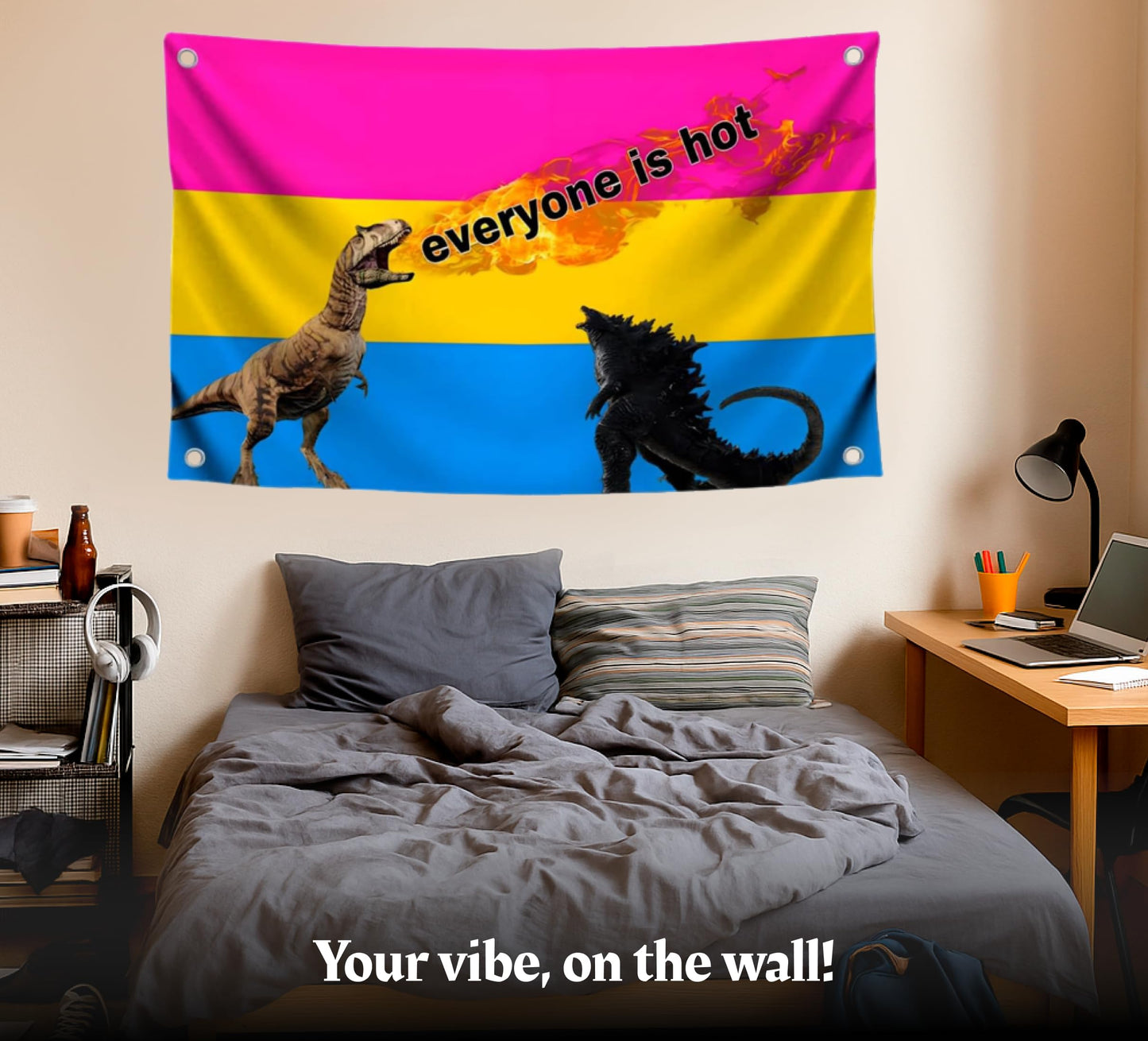 3x5 Feet Tapestry Flag Everyone Is Hot with Four Brass Grommets - Fire Flag with Dinosaurs and Godzilla - Polyester LGBT Banner for Decor Student Bedroom - Banners Can Be Used Indoor or Outdoor