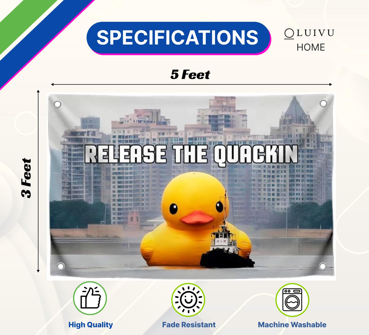 3x5 Feet Meme Flag with Quote "Release The Quackin" with Four Brass Grommets - Polyester Funny Flag with Duck on The Water - Single Sided Duckling Banner for Wall Decoration - Tapestries Flags Decor