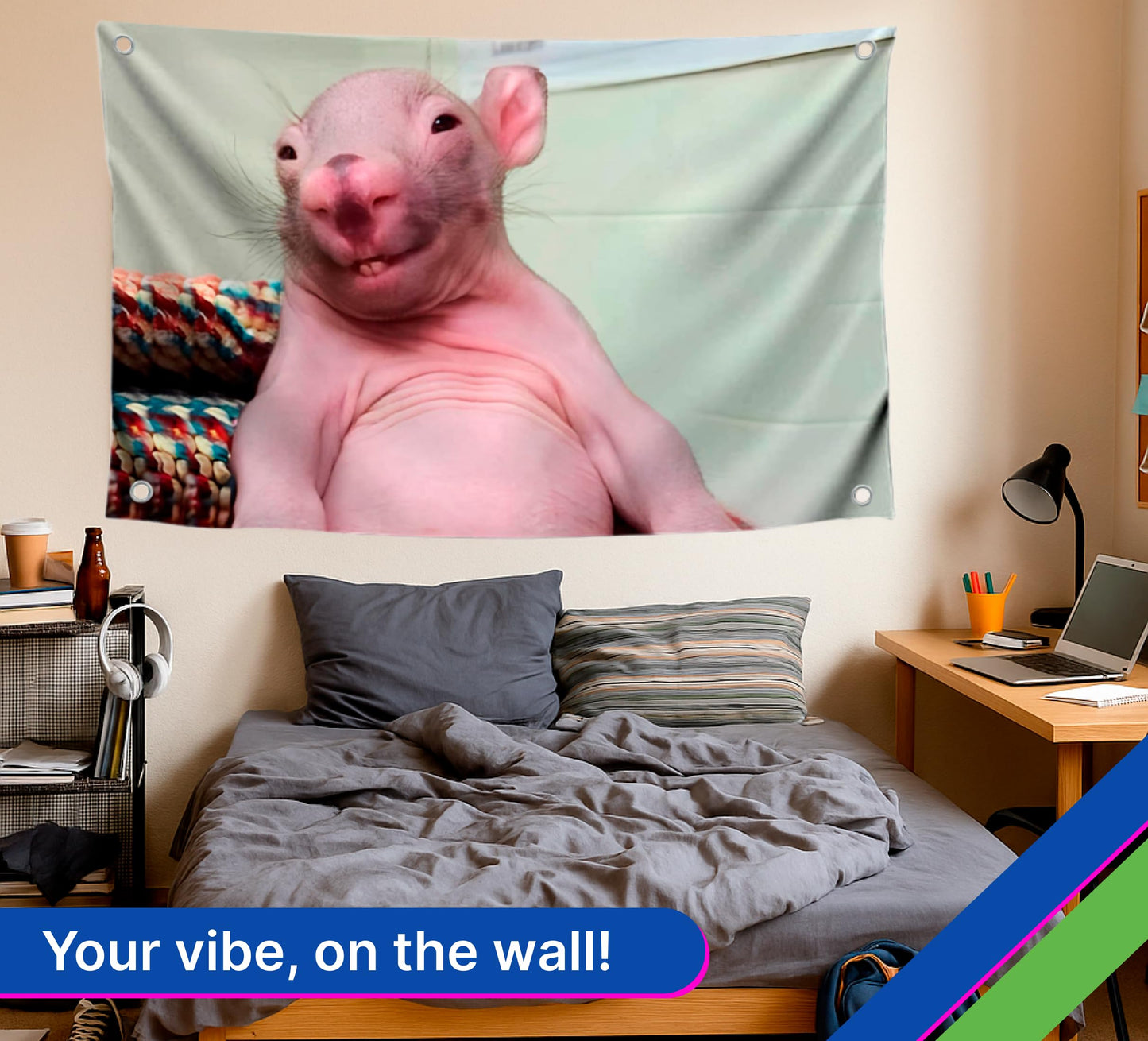 3x5 Feet Bald Rat Meme Single Sided Flag with Four Brass Grommets - Funny Flag for College Party Indoor and Outdoor Decoration - Rats Tapestry for Classroom - Polyester Funny Wall Banner for Badroom