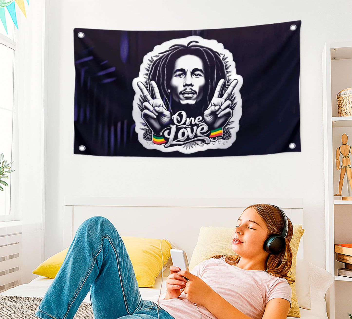 3x5 Feet Marley Wall Hanging Tapestry Flag with One Love with Four Brass Grommets - Aesthetic Rasta Stoners Tapastry - Hippie Decorations Posters for Jamaican Party - Polyester Flag with Men