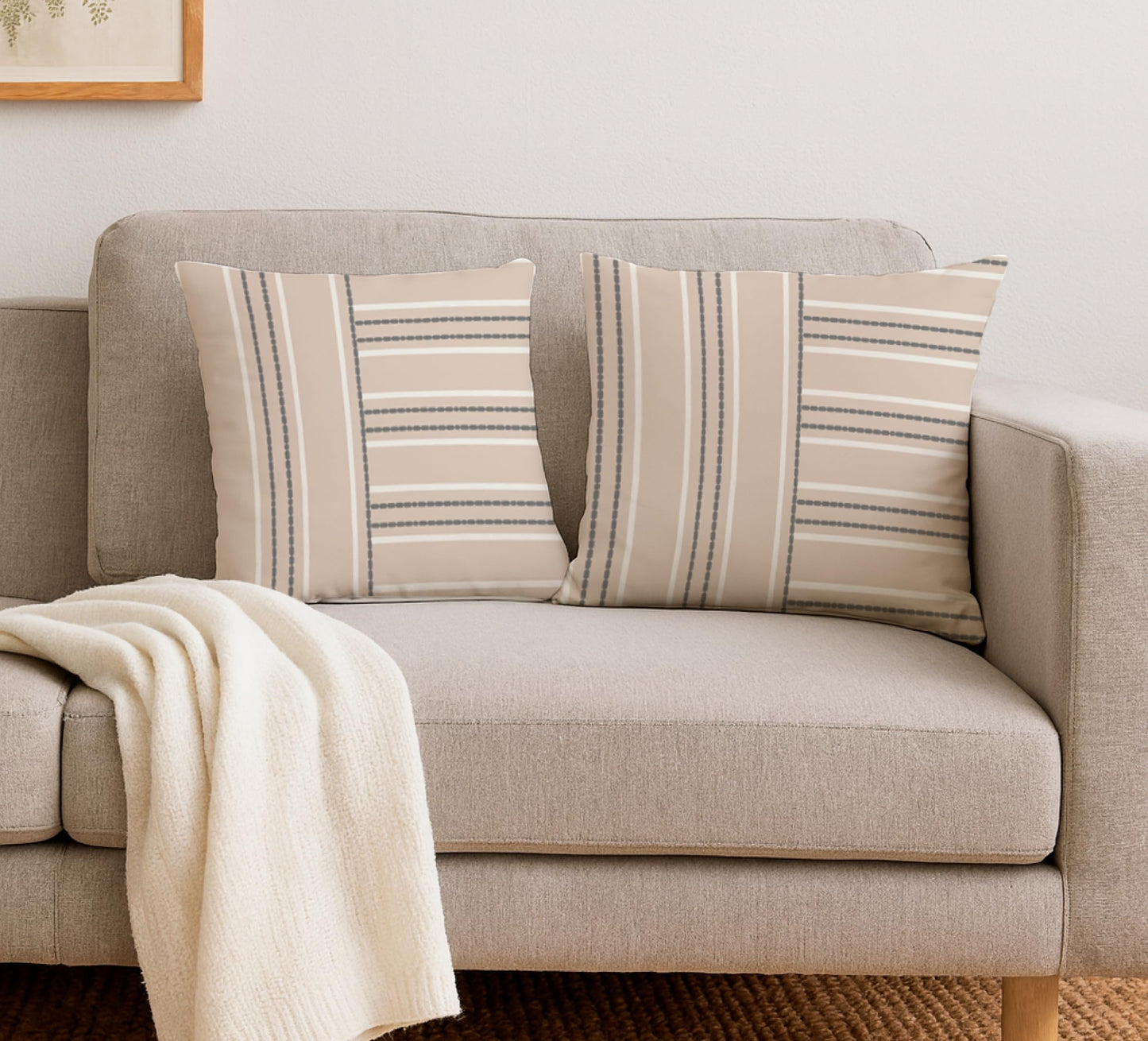 Set of 2 Decorative Throw Pillow Covers 18x18 Inches - Decorative Farmhouse in Linen Throw Pillow Case - Boho Textured Pillow Case - Beige with White and Gray Stripe - Cushion Cover for Sofa or Couch
