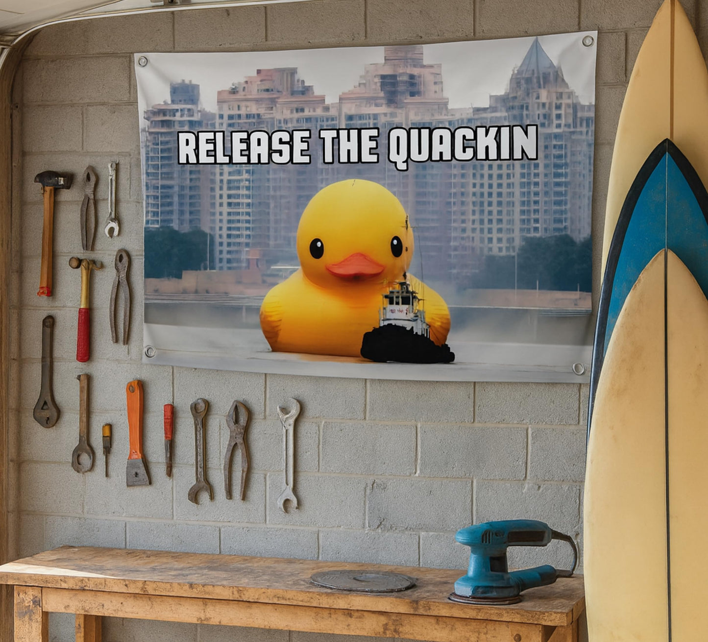 3x5 Feet Meme Flag with Quote "Release The Quackin" with Four Brass Grommets - Polyester Funny Flag with Duck on The Water - Single Sided Duckling Banner for Wall Decoration - Tapestries Flags Decor