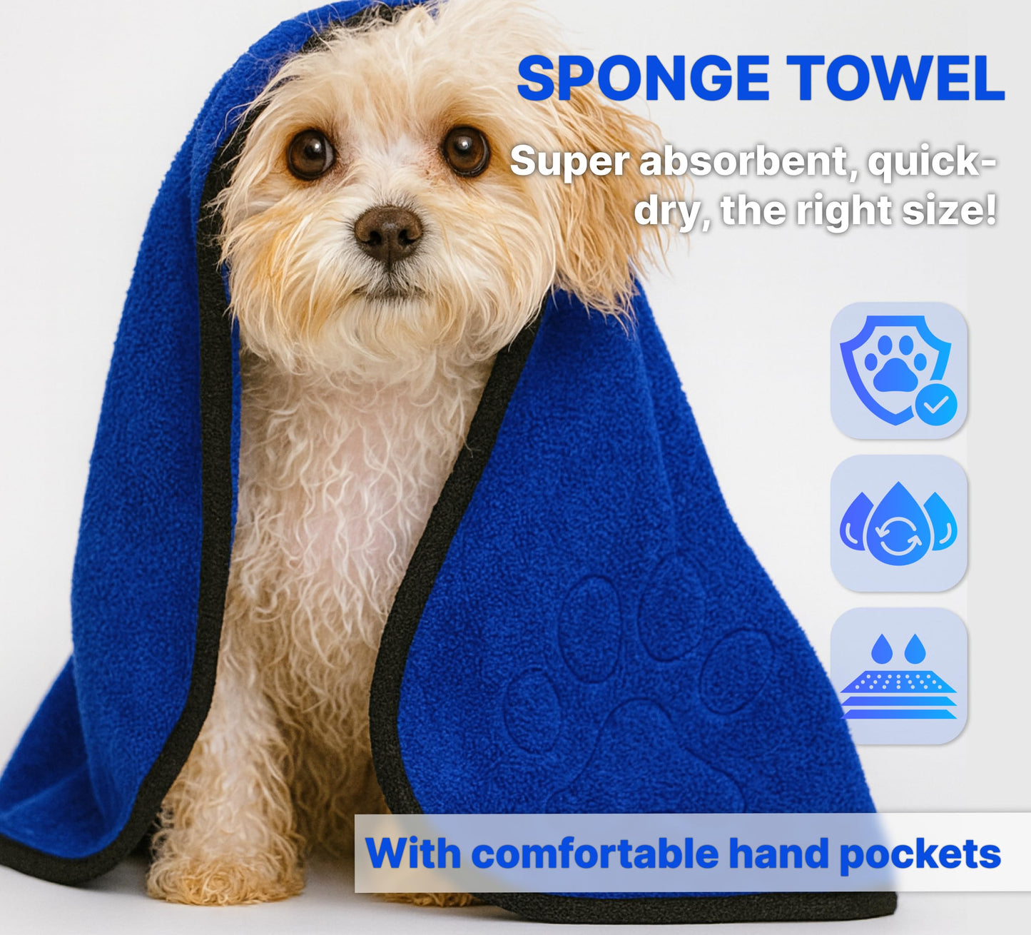 34 x 10.50 inches Blue Dog Towel for Drying - Perfect Dogs Shower Supplies - Soft and Quick Drying Pet Grooming Towel - Animals Grooming Bath with Comfortable Hand Pockets and Absorbent Microfibers