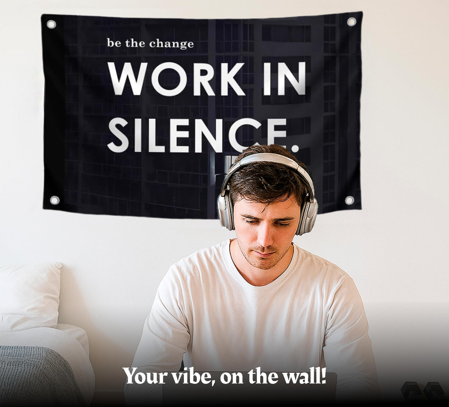 3x5 Feet Motivational Quoted Polyester Flag Be The Change Work In Silence with Four Brass Grommets - Black Posters for Man Wall Decor - Inspirational Entrepreneur Banner - Improvement Decor for Home