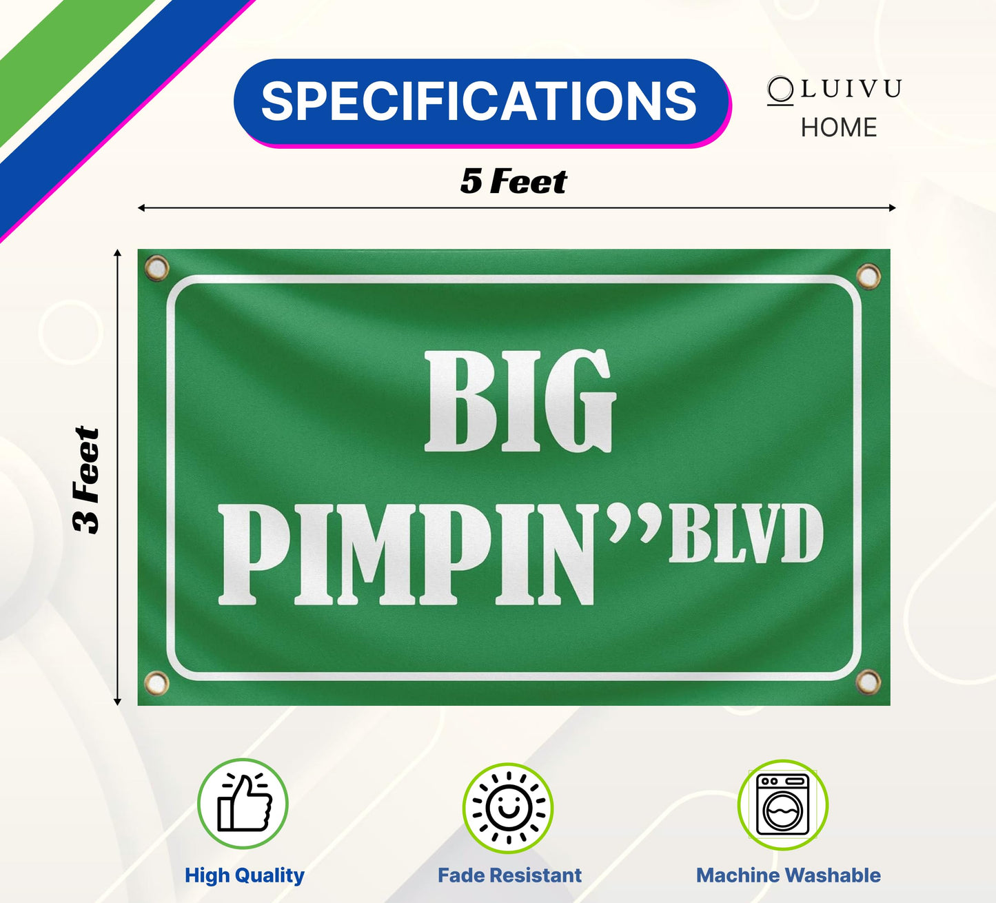 3x5 Feet Big Pimpin'Blvd Funny Quote Single Sided Flag with Four Brass Grommets - Funny Flags Tapestries Polyester Banner for College Dorm Room Wall Decor - Meme Banners Room Decorations