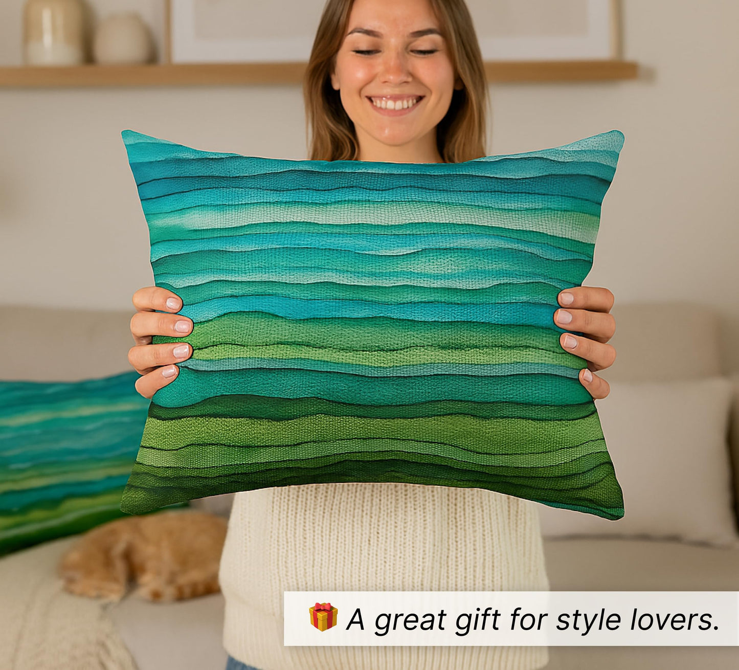 Set of 2 Decorative Throw Pillow Covers 12x20 Inches - Teal Blue Green Pillow Covers in Linen - Watercolor Aqua Waves Brush Lumbar Pillow Cases - Abstract Striped Sea Splash Throw Pillows