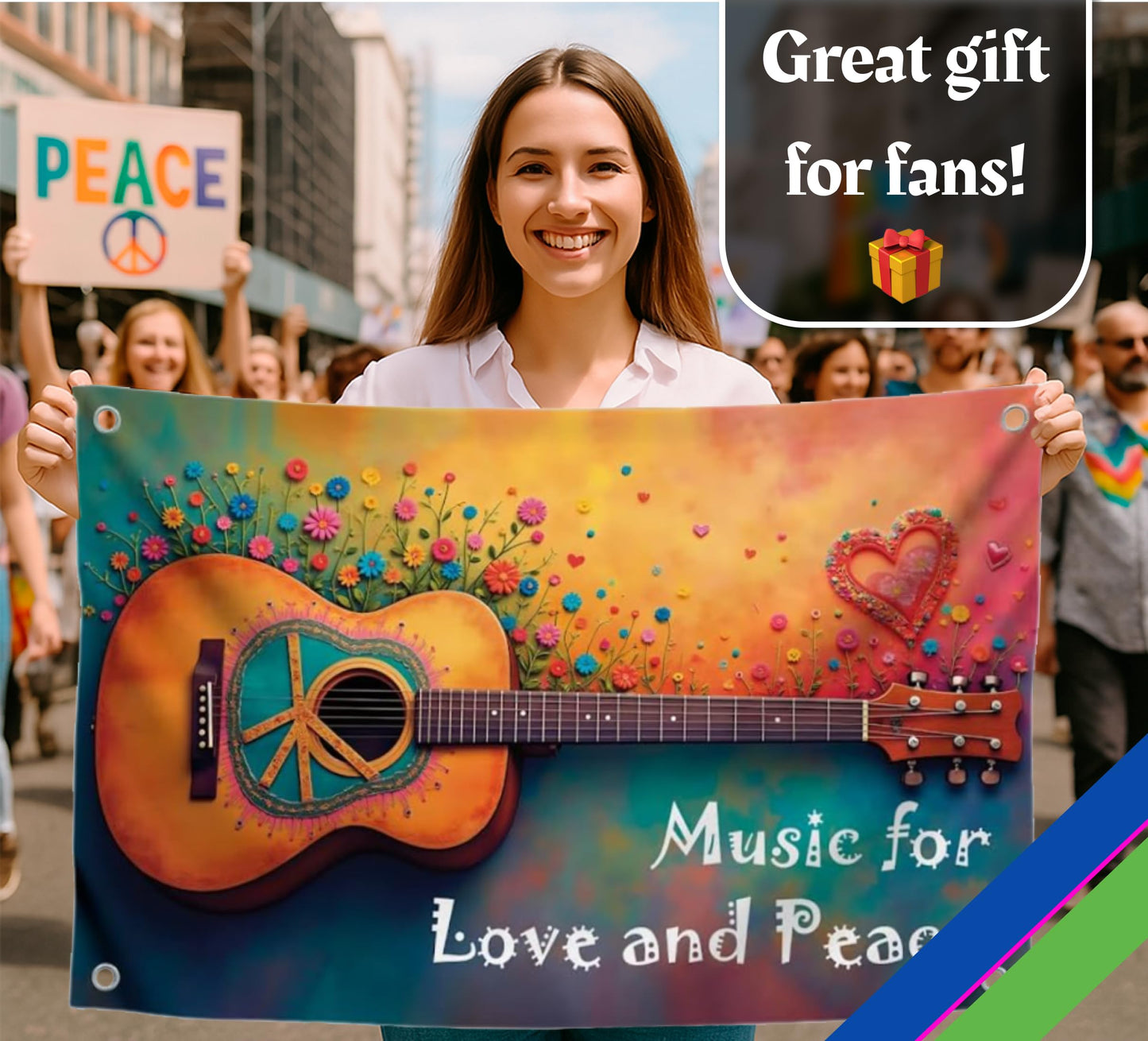 3x5 Ft Guitar Single Sided Flag "Music for Love and Peace" with 4 Brass Grommets - Musical Polyester Banner with Flower and Heart for Wall Decoration - Party Flags Man Cave Wall Flag for College Dorm