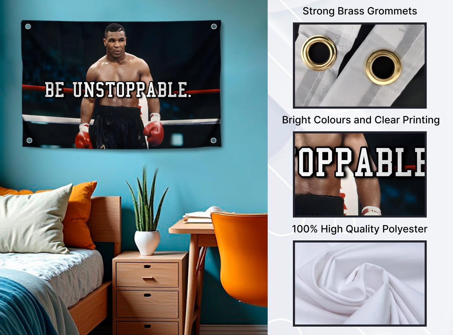 Set 4X Motiv Sports and Quote Polyester Flags 3x5 Ft with 4 and 2 Grommets - Muhammad Motivational Workout Single Sided Banner - Inspire Your Workout with this Banner - Boxing Inspirational Gym Flags