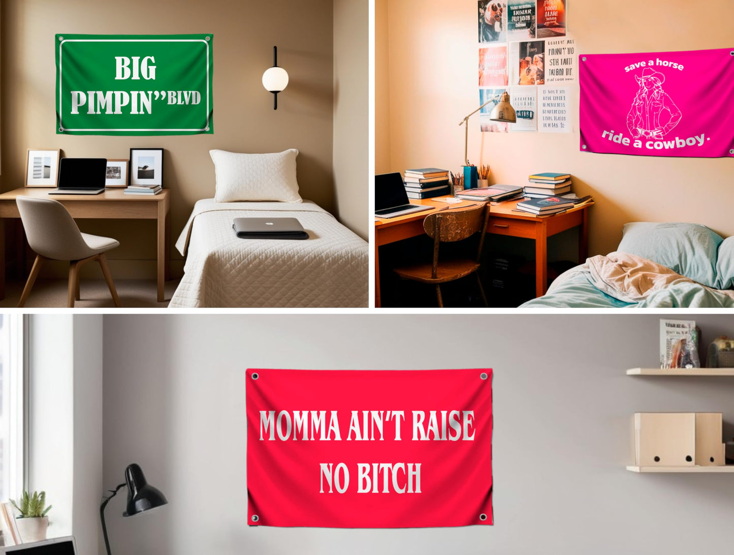 Set of 3 Funny Polyester 3x5 Feet Flags with Four Brass Grommets - Funny Quote Single Sided Flag for Wall Decoration - Preppy Cute Cowgirl Pink Western Tapestry - College Dorm Cool Wall Flags for Guys