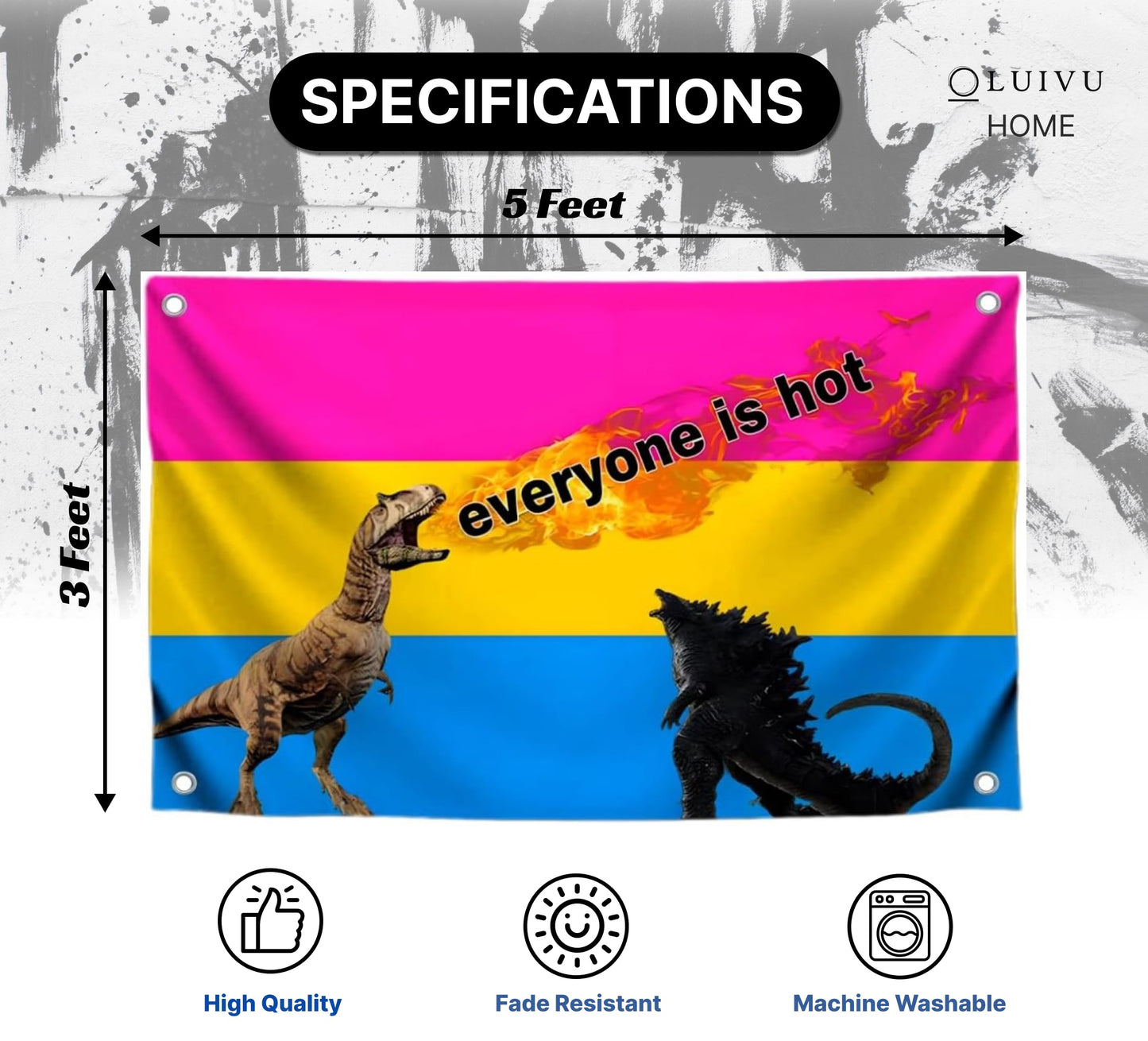 3x5 Feet Tapestry Flag Everyone Is Hot with Four Brass Grommets - Fire Flag with Dinosaurs and Godzilla - Polyester LGBT Banner for Decor Student Bedroom - Banners Can Be Used Indoor or Outdoor
