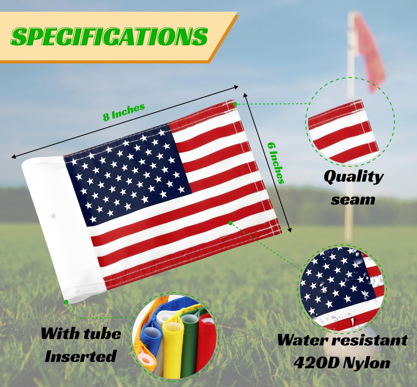 8x6 Inch Double Sided Golf Polyester Flag in 420D Nylon - Small Banner in American Pattern Printing with Tube Inserted - Mini Practice Putting Flags