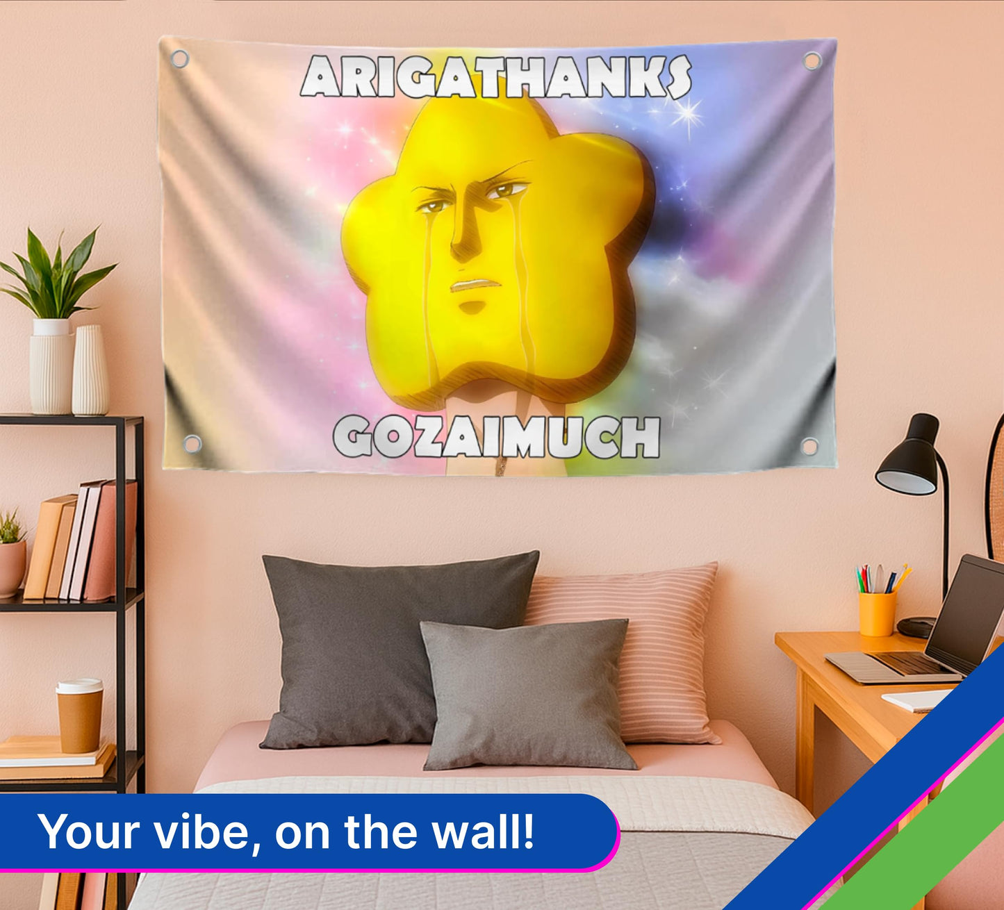 3x5 Feet Meme Single Sided Flag "Arigathanks Gozaimuch" with 4 Grommets - Emojis Сrying Star Polyester Banner for Wall Decoration - Cool Flags for Decor Girls Room - Tapestrys Polyester Cool Wall Flag