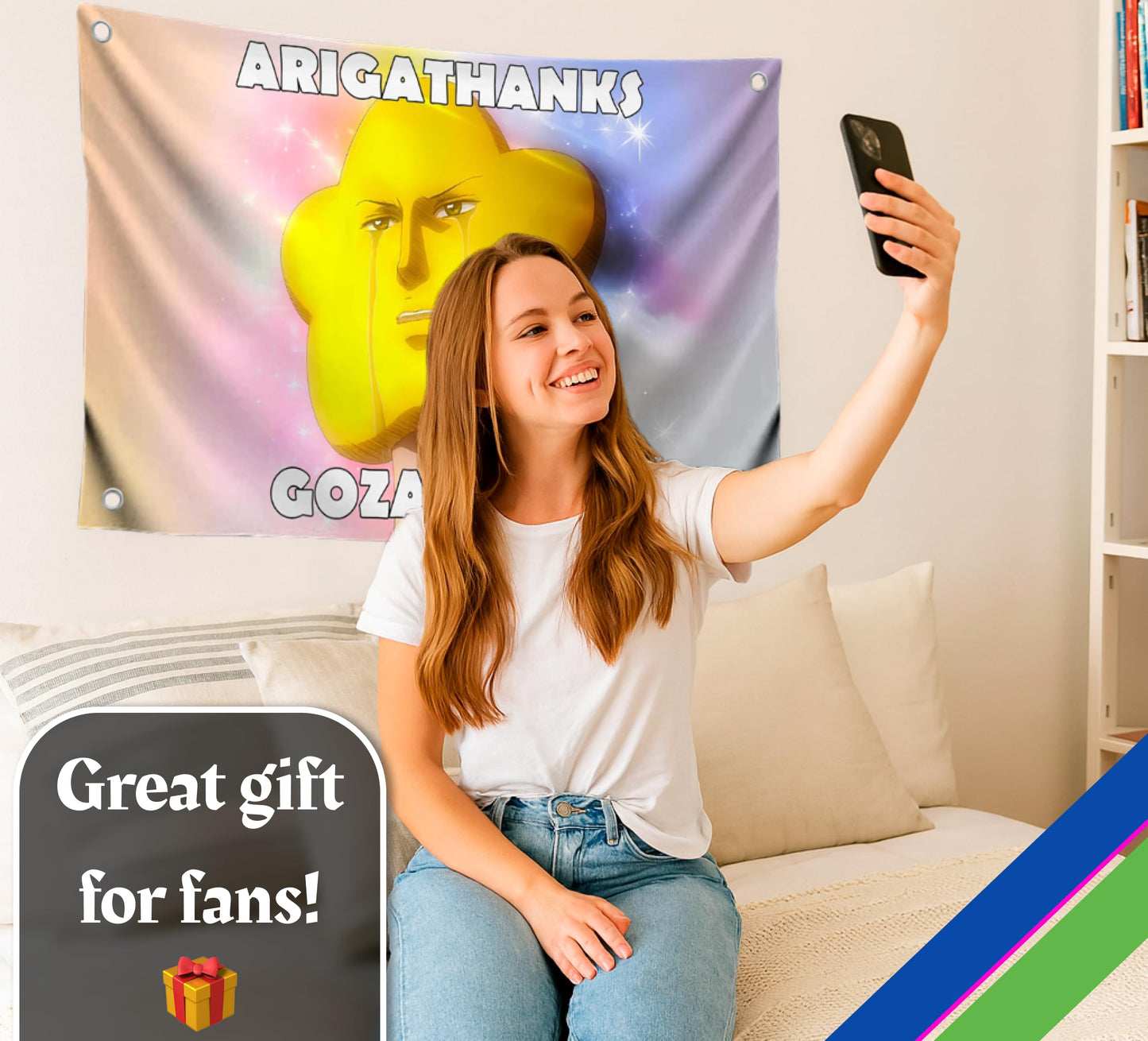 3x5 Feet Meme Single Sided Flag "Arigathanks Gozaimuch" with 4 Grommets - Emojis Сrying Star Polyester Banner for Wall Decoration - Cool Flags for Decor Girls Room - Tapestrys Polyester Cool Wall Flag