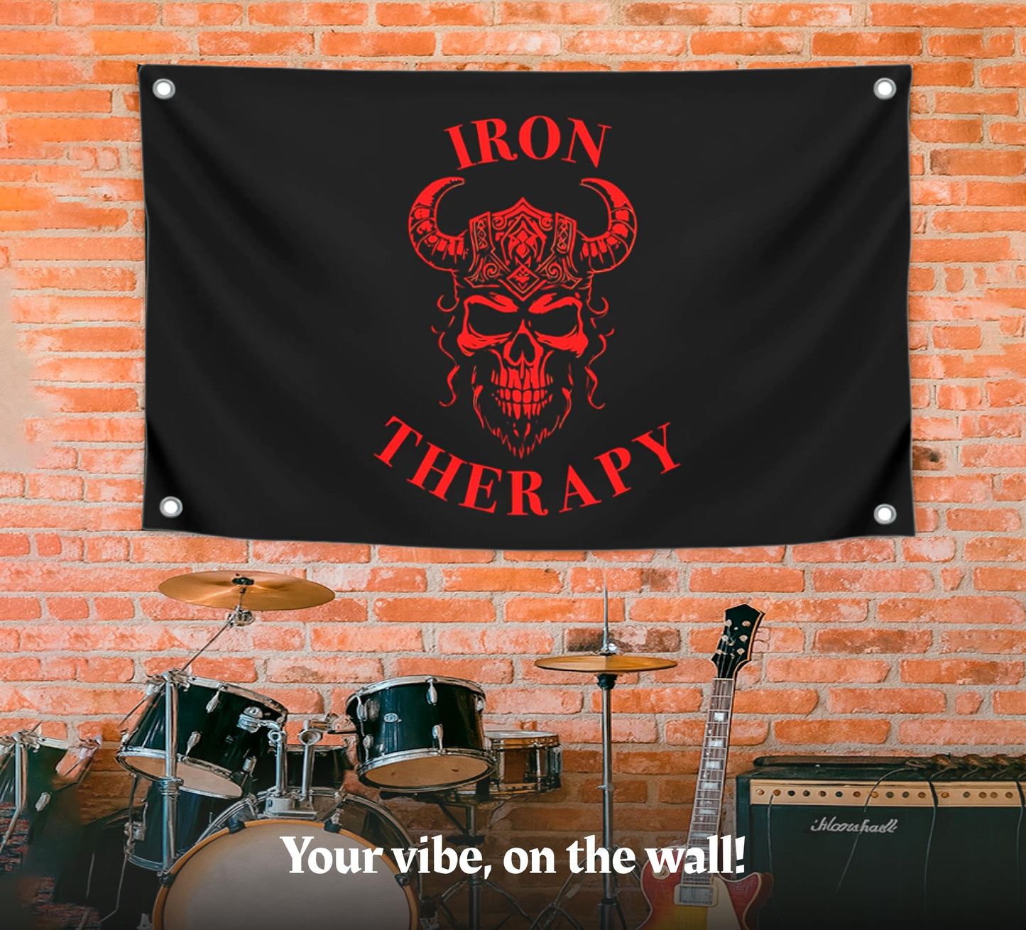3x5 Feet Large Wall Flag With Quote "Iron Therapy" with Four Brass Grommets - Skull Gym Tapestry or Home Gym Decor - Inspirational Home Leadership Quotes - Wall Flag for Indoor and Outdoor