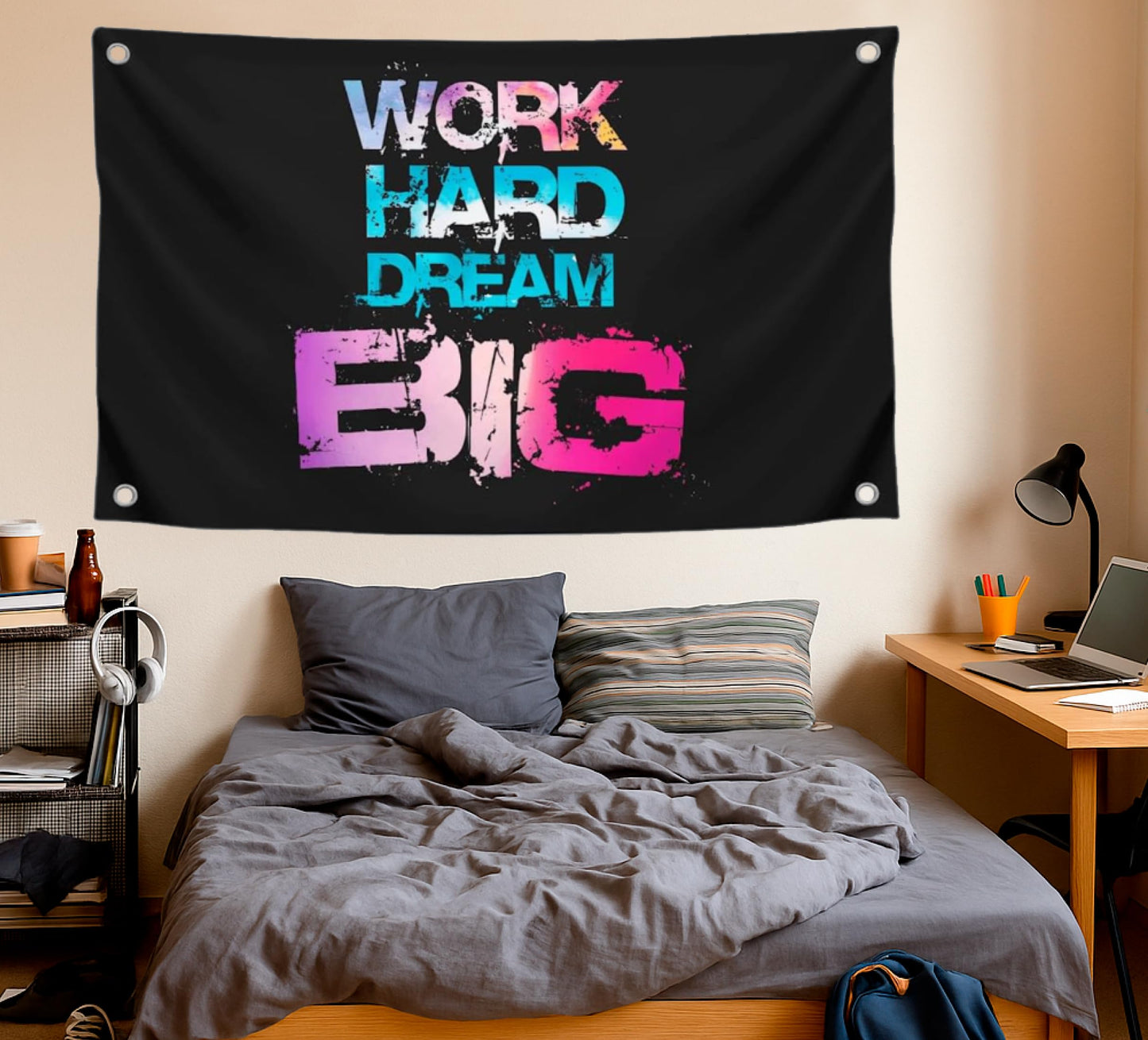 3x5 Feet Black Motivation Quoted Polyester Flag "Work Hard Dream Big" with Four Brass Grommets - Large Motivational Quote Wall Flag for Home Gym Decor - Banner Room Decor Aesthetic for Ofiice
