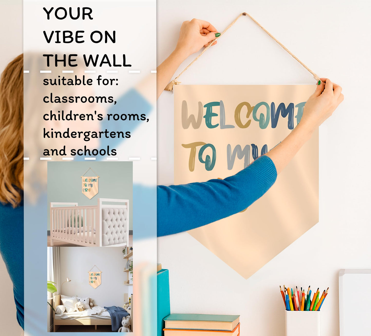 15.4"L x 11.1"W Hanging Pennant with Welcome to My Crib - Hanging Flag Wall Decor or Gift for Nursery Baby Kids Boy - Pennant Flag Wall Art Banner for Indoor - Classroom Bulletin Boare Hanging Flag