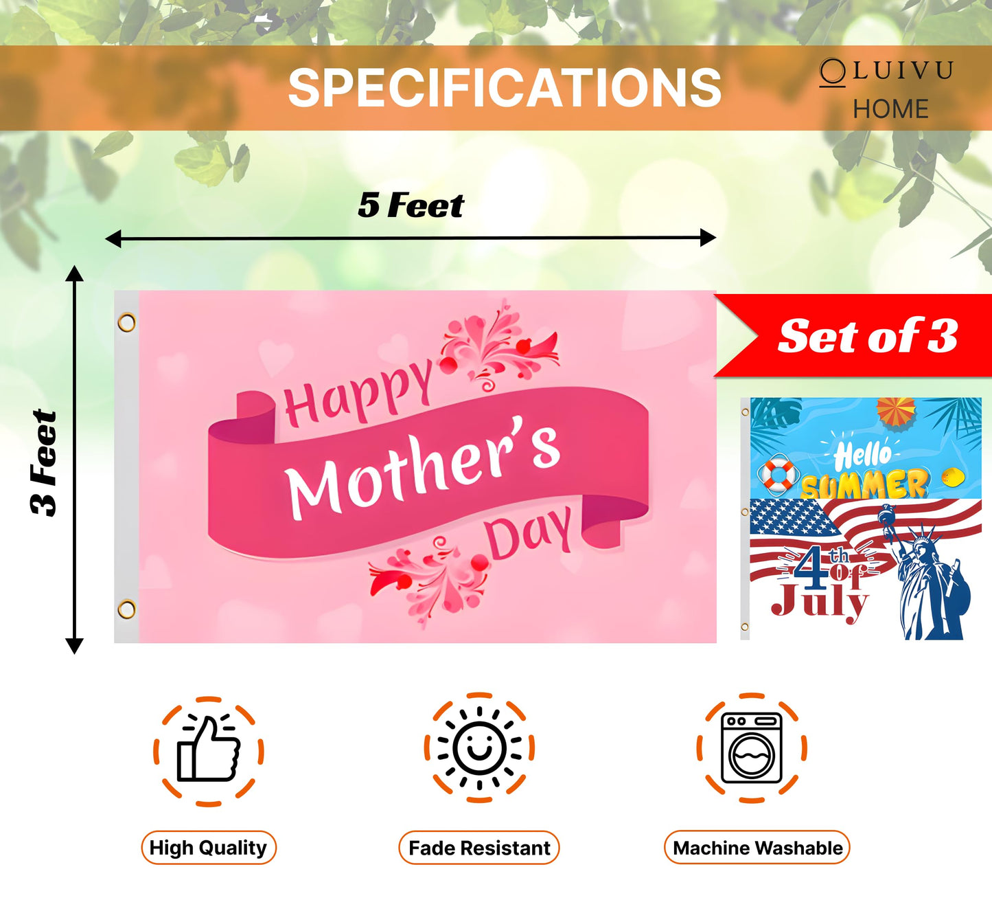 Set of 3 Seasonal 3x5 Ft Flag - Hello Summer Polyester/Nylon Banner Holiday Single Sided Flags with 2 Grommets Outdoor Lawn Yard House - Happy Mothers Day Decor Clearance, 4th of July Flag Freedom