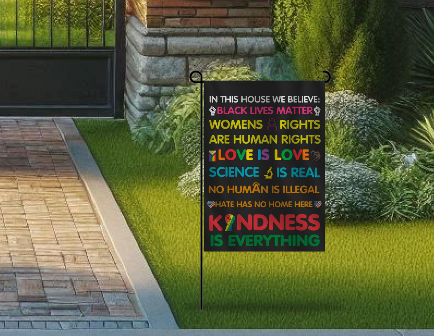 ф12x18 Inches Double Sided In This House We Believe Garden Polyester Flag - Science is Real Black Lives Matter Vertical Flag - Small Gay Pride Flags Outdoor Decorations - Garden Porch Patio Banner