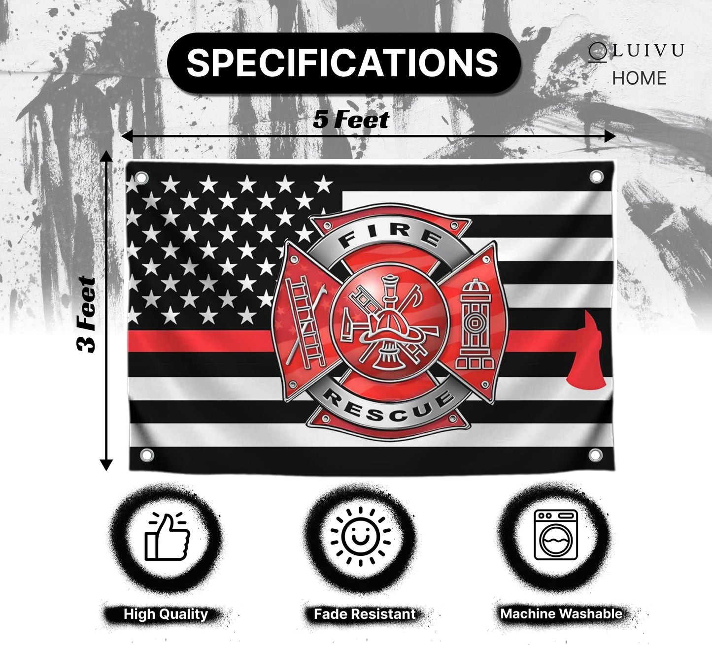 3x5 Feet Firefighter Polyester Flag with 4 Brass Grommets - Fire Department Thin Red Line American Single Sided Flag - Cross Firefighters Flags - Fire Rescue Banners for Outdoor or Indoor
