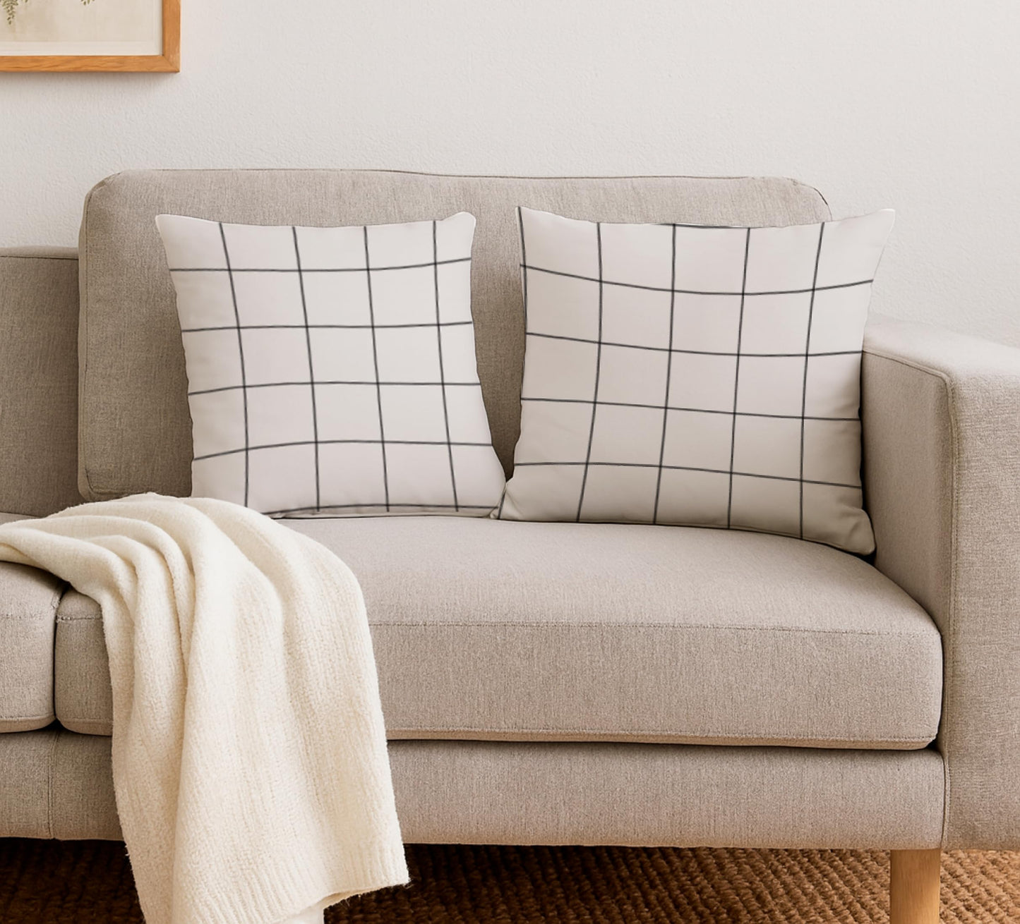 Set of 2 Decorative Throw Pillow Covers 18x18 Inches - Decorative Plaid Throw Pillow Covers Farmhouse Square in Linen - Modern Beige Pillow Case for Sofa Couch or Bed - Cushion Covers for House