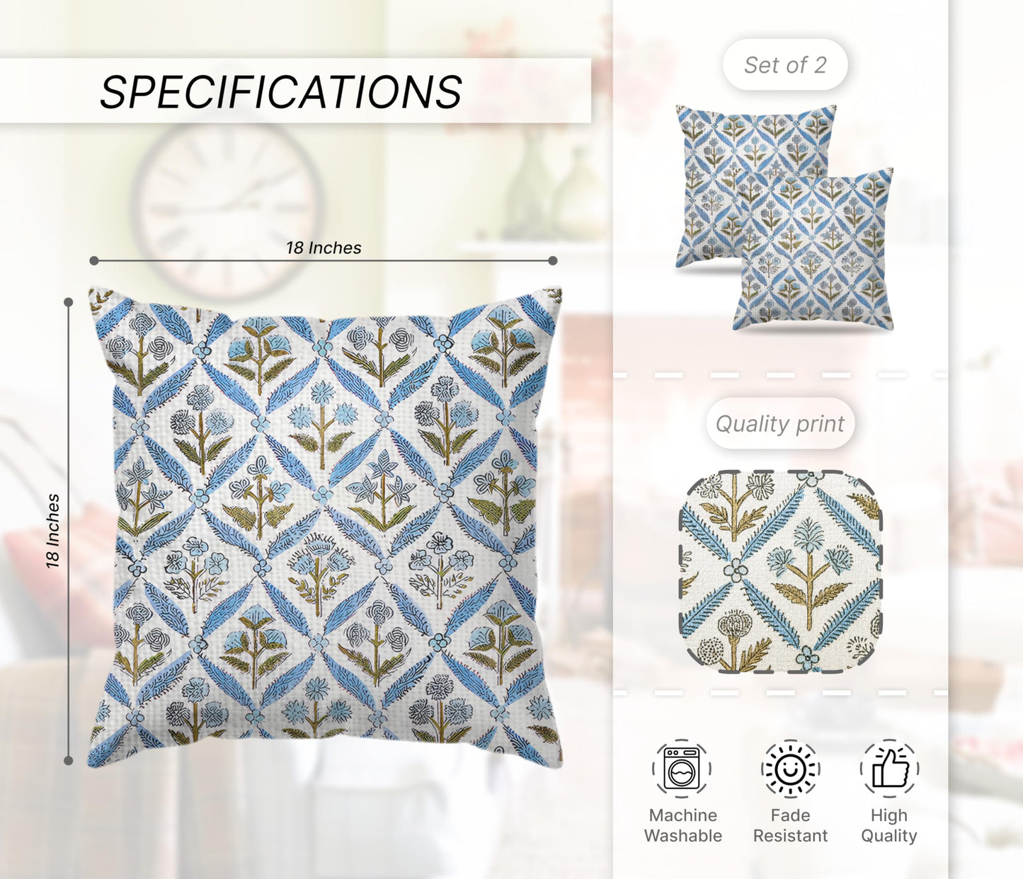 Set of 2 Decorative Throw Spring Pillow Covers 20x20 Inches - Light Steel Blue Block Print Throw Pillow Covers in Linen - Decorative Couch Pillows for Living Room - Chic Boho Cute Pillows Covers