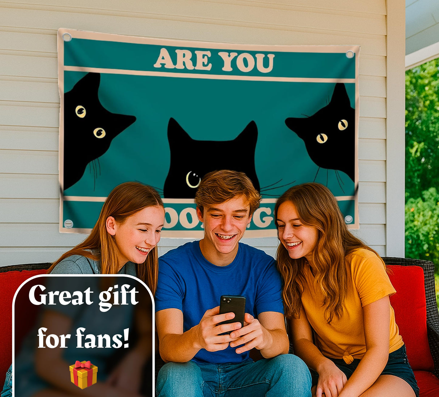 3x5 Feet Black Cats Funny Single Sided Flag "Are You Pooping" with Four Brass Grommets - Funny Black Cat Meme Wall Decorations for Badroom - Polyester Cool Ridiculous Cats Outdoor or Indoor Flag