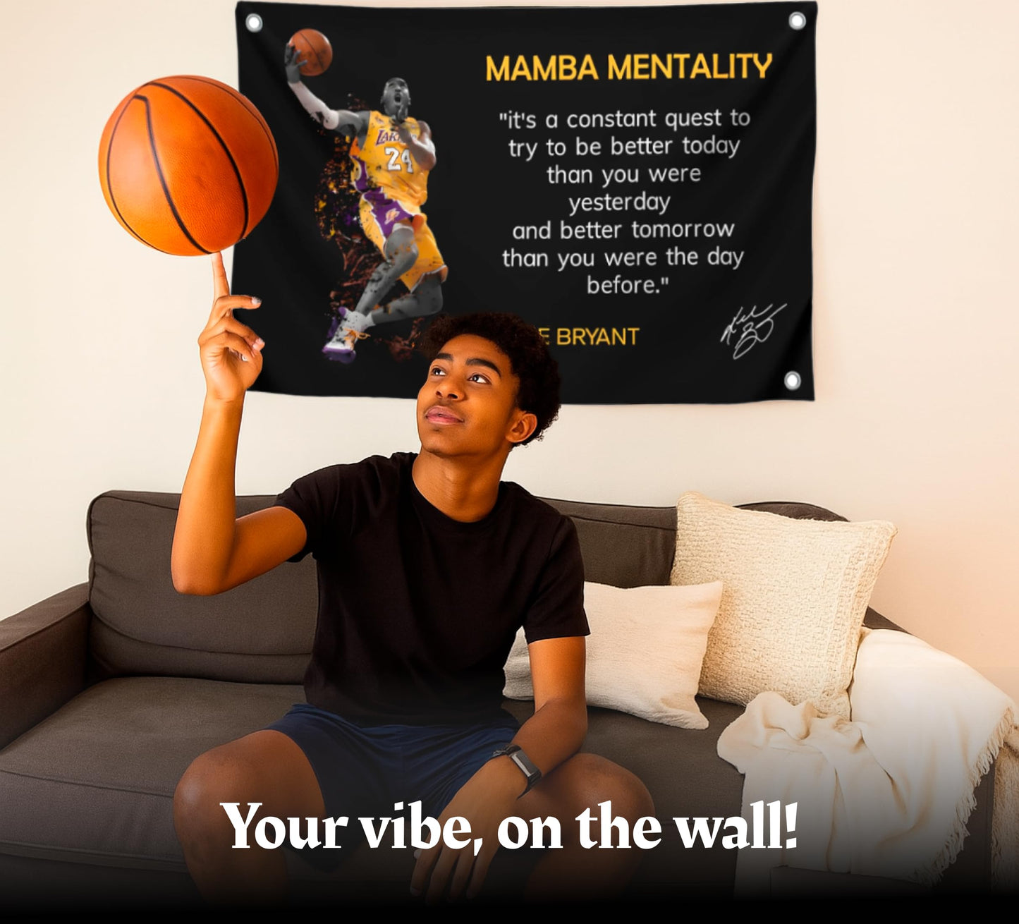 3x5 Feet NBA Basketball Player Sports Flag with Four Brass Grommets - Kobe Mamba Mentality Quote Banner - Motivational Artwork for Home or Office