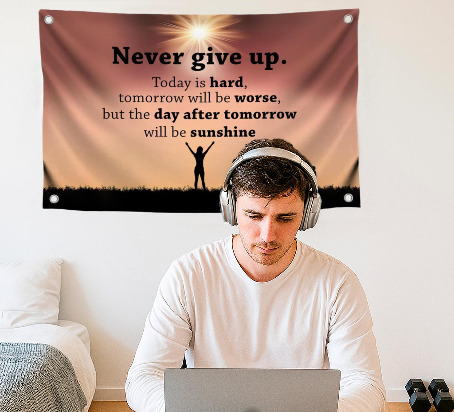 3x5 Feet Inspirational Quoted Polyester Flag Never Give Up with Four Brass Grommets - Inspirational Cool Poster for Room - Single Sided Quote Wall Flag Decoration - Motivational Positive Quotes