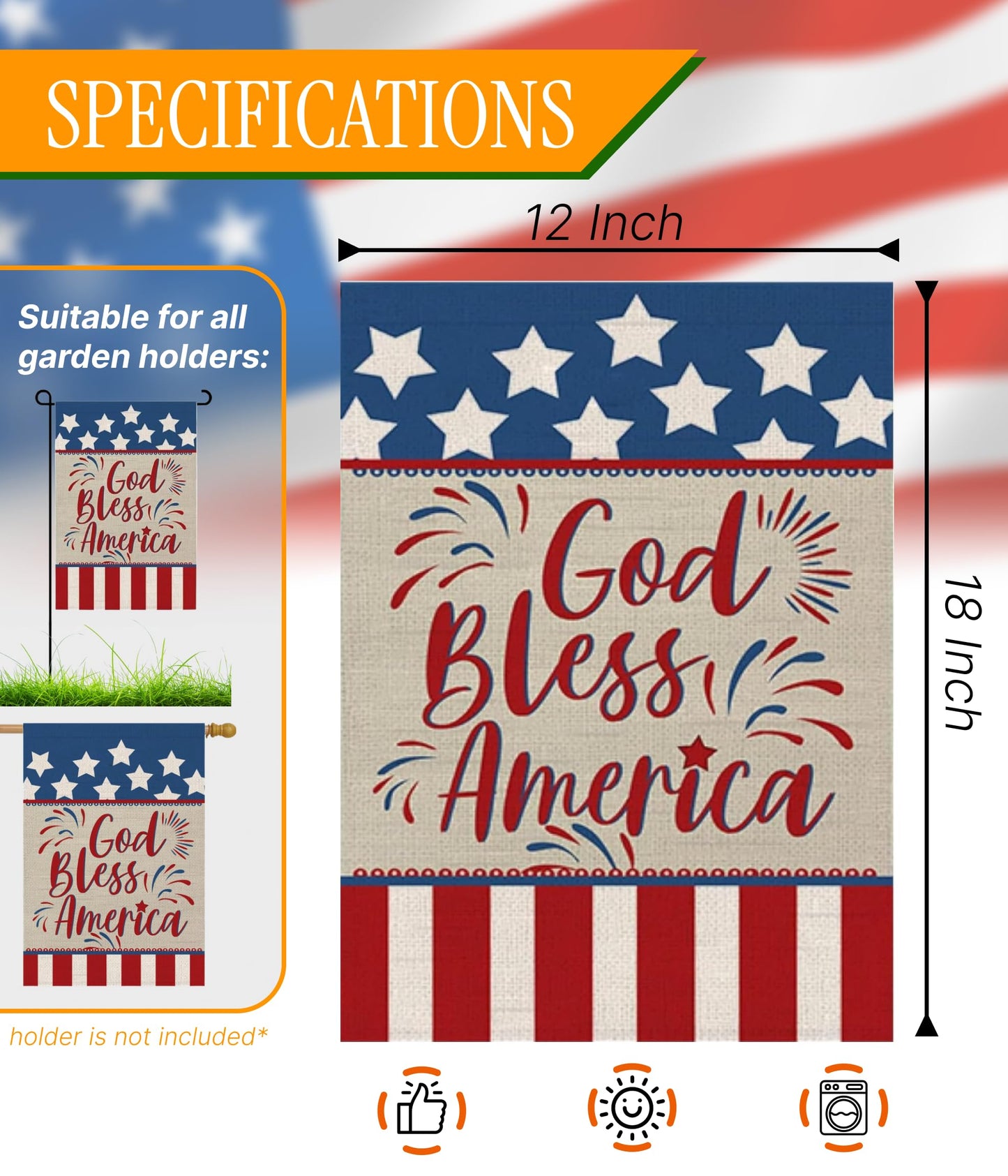 Double Sided Summer Garden Flag - God Bless America House Flags - Seasonal Large Outdoor Yard Flags of Burlap - Patriotic Flag Decorations for Home - Outdoor Decorative Banners for Yard