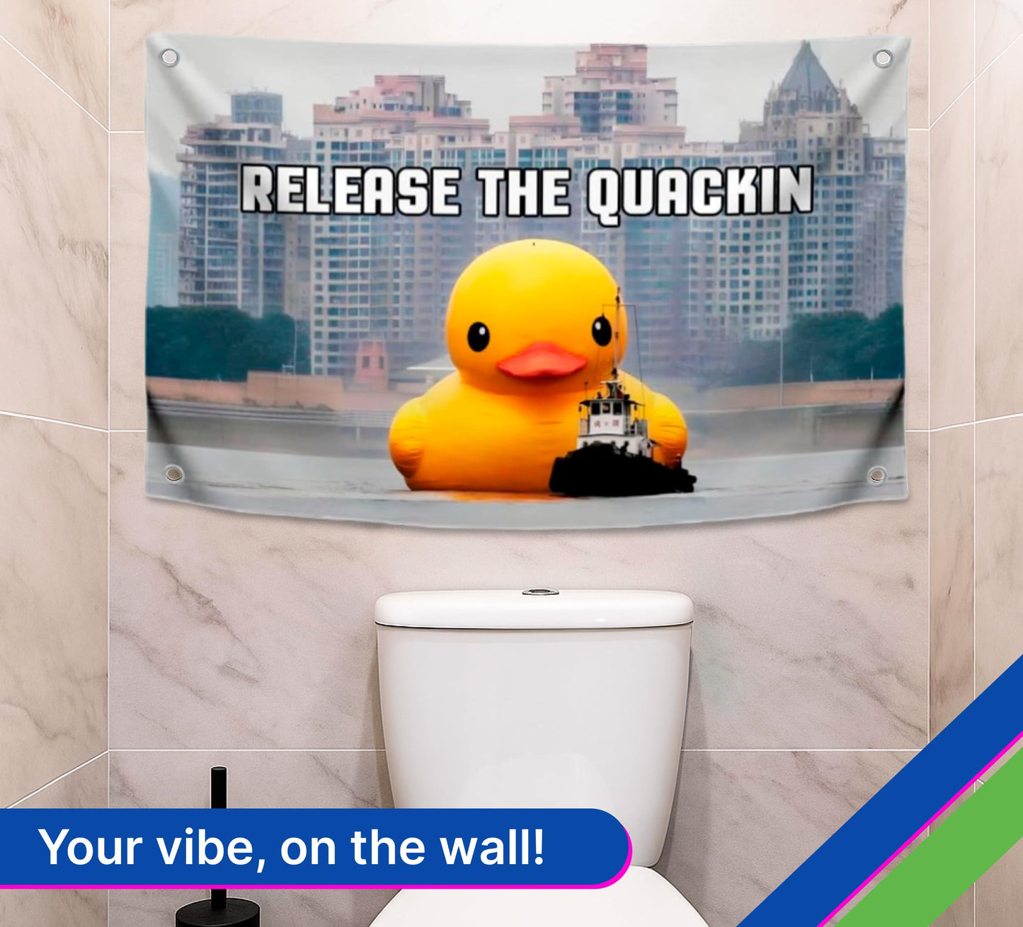 3x5 Feet Meme Flag with Quote "Release The Quackin" with Four Brass Grommets - Polyester Funny Flag with Duck on The Water - Single Sided Duckling Banner for Wall Decoration - Tapestries Flags Decor