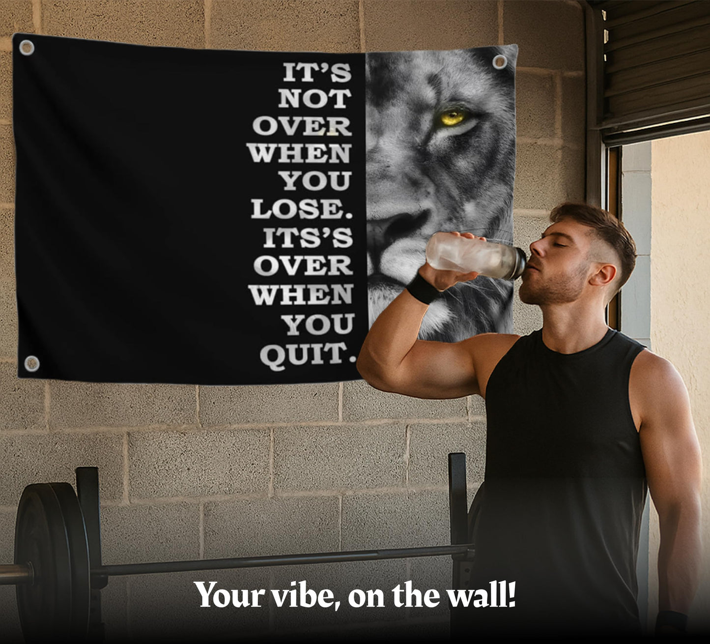 3x5 Feet Motivational Lion Wall Art with Four Brass Grommets - Cool Motivational Inspirational Poster for Men and Woomen - Quote Flags Its Not Over When You Lose. Its Over When You Quit