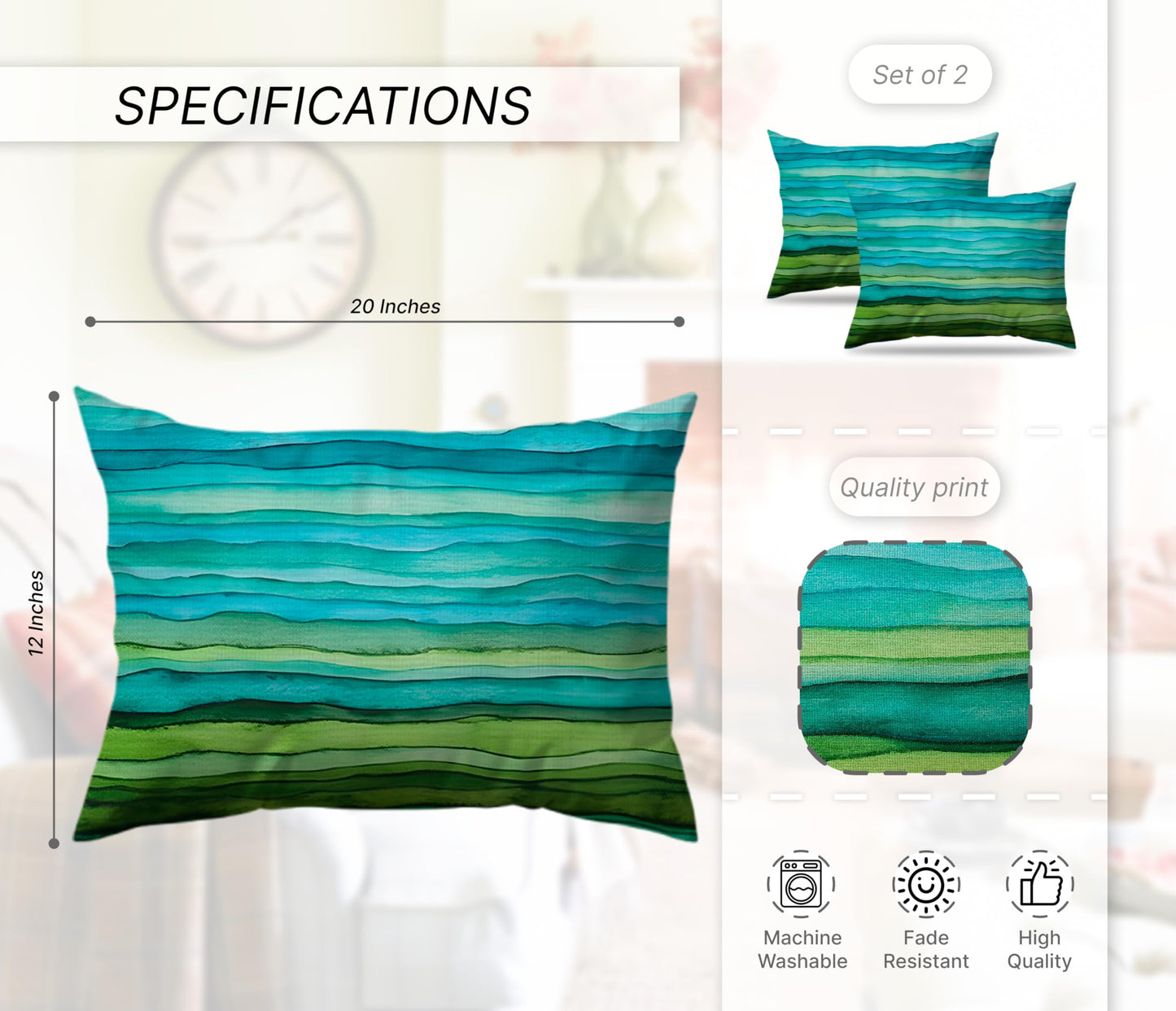 Set of 2 Decorative Throw Pillow Covers 12x20 Inches - Teal Blue Green Pillow Covers in Linen - Watercolor Aqua Waves Brush Lumbar Pillow Cases - Abstract Striped Sea Splash Throw Pillows