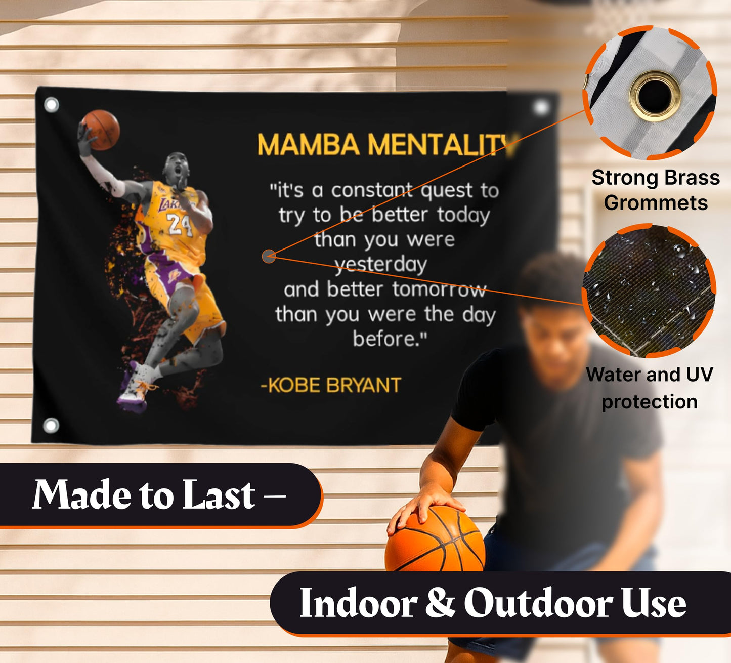 3x5 Feet NBA Basketball Player Sports Flag with Four Brass Grommets - Kobe Mamba Mentality Quote Banner - Motivational Artwork for Home or Office