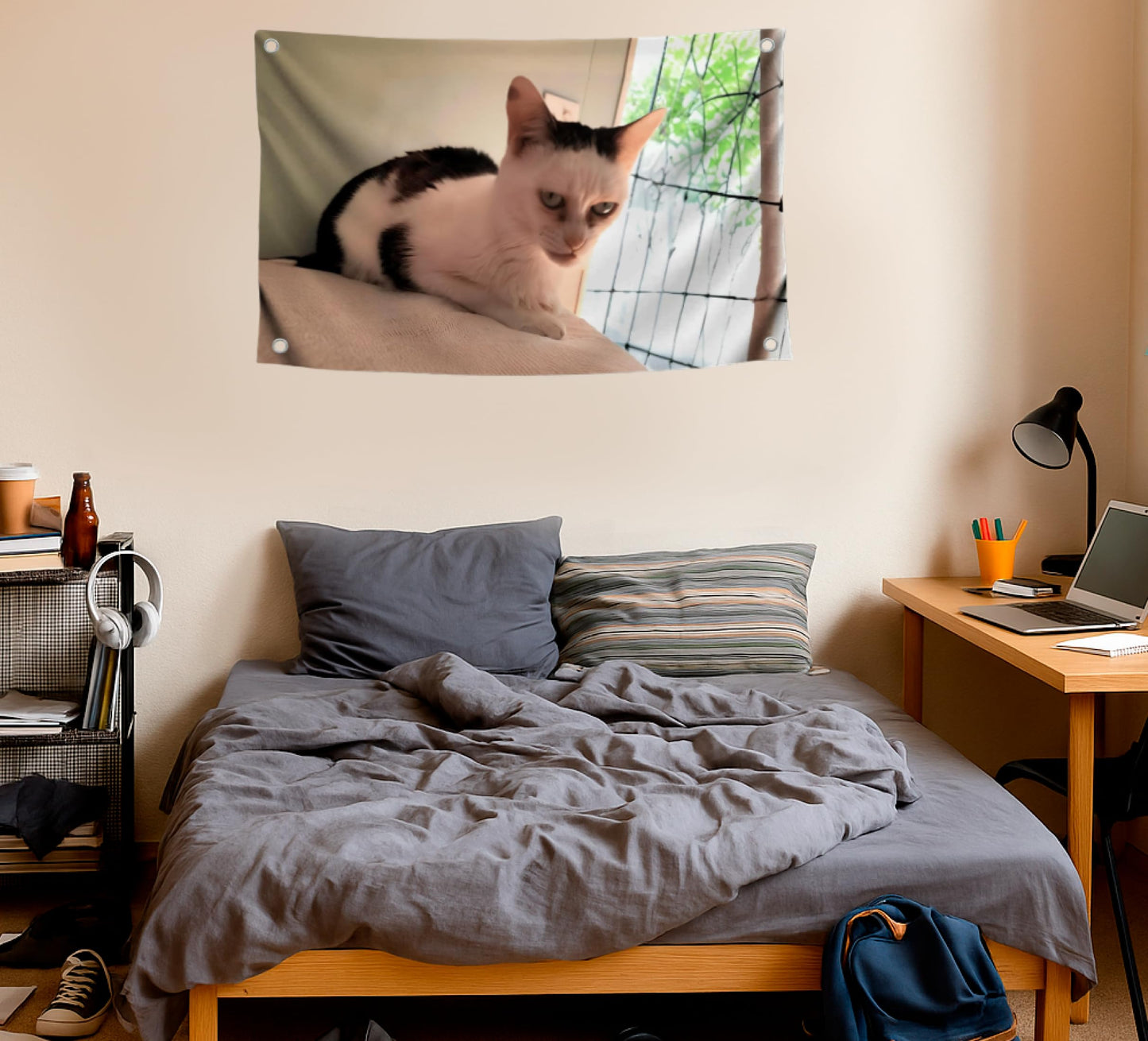 3x5 Feet Cat with a Human Face Tapestry Single Sided Flag with 4 Grommets - Polyester Funny Cats Outdoor or Indoor Flag - Tapestry Cats with Sad Face Meme Wall Decor - Animals Tapestry For Classroom