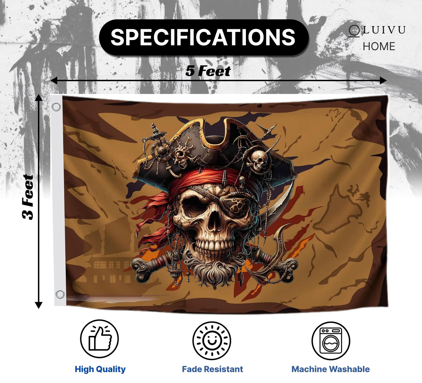 3x5 Feet Pirate Skull Flag with Two Brass Grommets - Pirat Flags Skull and Crossbones for Garden Yard Lawn Patio House - Yard Porch Patio Banner Flags for Decoration - Pirate Banner or Black Boat Poster