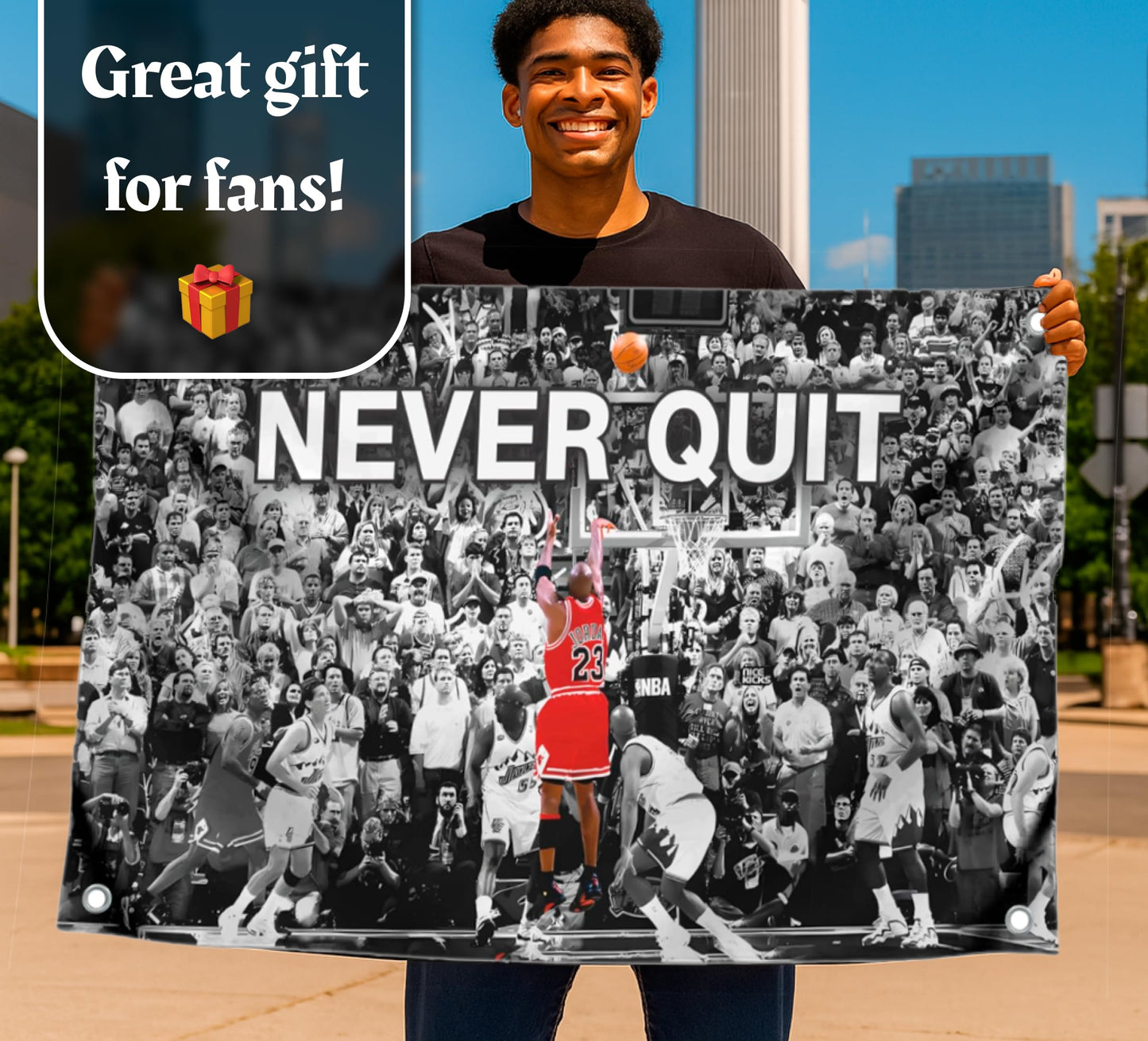 3x5 Feet Never Quit Polyester Flag with Four Brass Grommets - Inspirational Workout Fitness Home Gym Wall Decor - Cool Gym Motivation Basketball Single Sided Poster - Motivational Wall Art Decorations