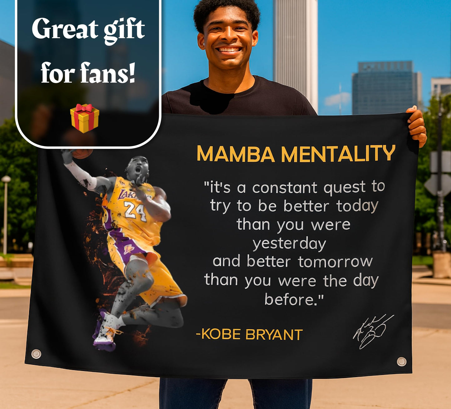 3x5 Feet NBA Basketball Player Sports Flag with Four Brass Grommets - Kobe Mamba Mentality Quote Banner - Motivational Artwork for Home or Office