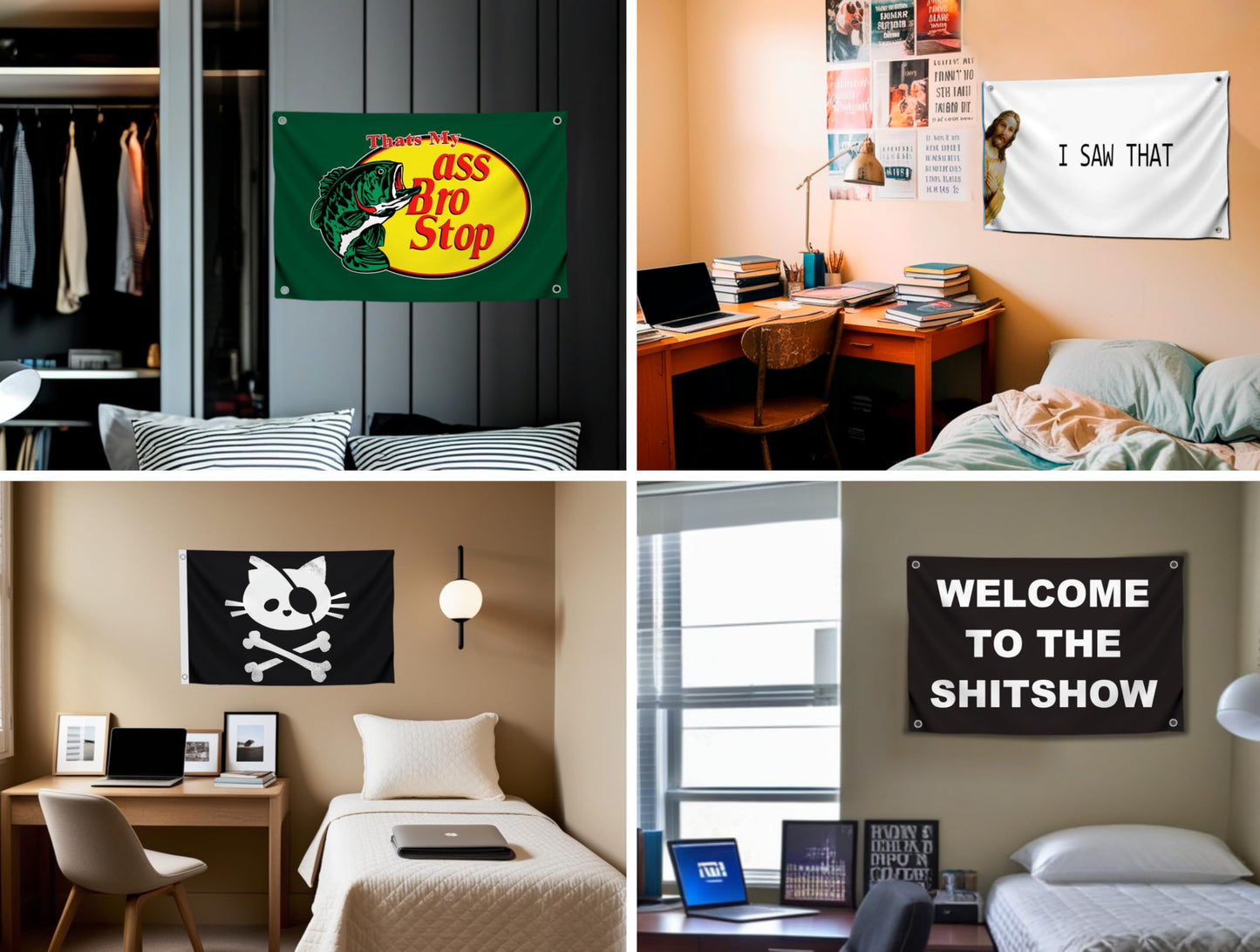 Set 4X Decorative Home Wall Polyester Flags 3x5 Ft with 4 and 2 Grommets - Christian Religious Cool Wall Single Sided Flag - Welcome To The Shitshow Banner - Pirate Cat Skull and Crossbone Home Flags