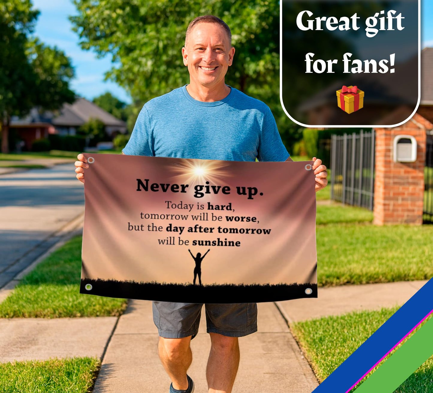 3x5 Feet Inspirational Quoted Polyester Flag Never Give Up with Four Brass Grommets - Inspirational Cool Poster for Room - Single Sided Quote Wall Flag Decoration - Motivational Positive Quotes