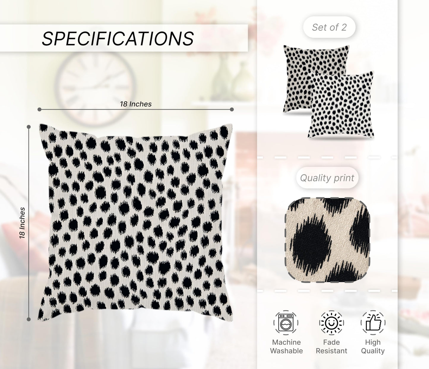 Set of 2 Decorative Throw Pillow Covers 18x18 Inches - Black and Cream Polka Dot Pillow Covers - Throw Pillows Boho Design Brush Strokes Decorative - Pillowcase Square Cushion Cover in Linen