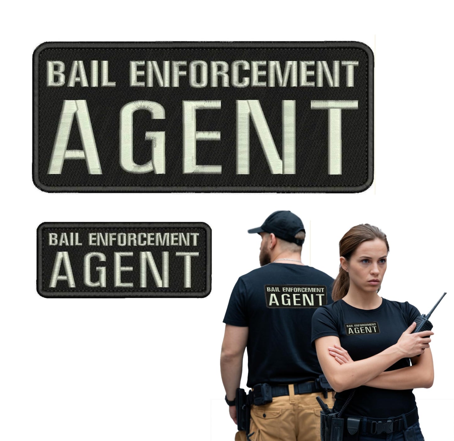 Set of 2 Bail Patches for Enforcement Agent 4x10 and 2x5 Inches - Black and Silver Patch with Hook On Back - Quality Embroidery Patches for Jacket Hat Backpack - Tactical Accessory for Uniforms