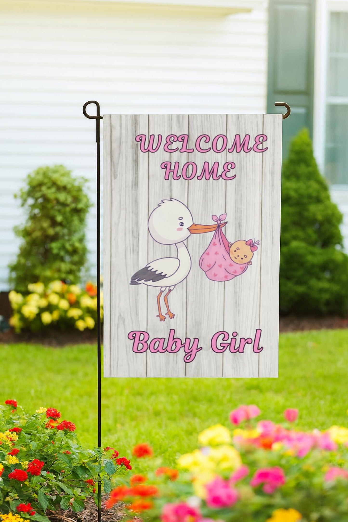12x18 Inches Double Sided Welcome Home Baby Girl Garden Polyester Flags - Baby Shower Birth Announcement Family Party - Newborn Gender Reveal Pink Stork - Outdoor Decor Banner - Gender Reveal Party