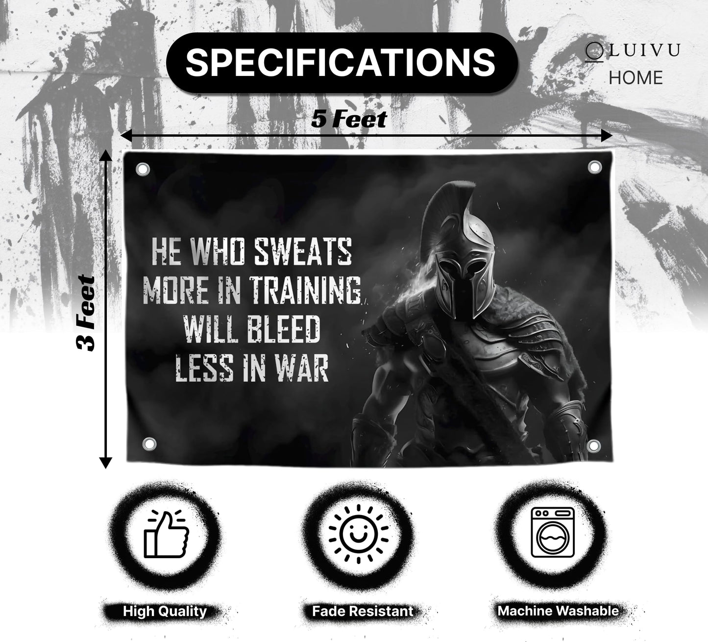 3x5 Ft Motivational Polyester Flag He Who Sweats More In Training Will Bleed Less In War with 4 Grommets - Improvement Wall Decor for Home or Gym - Wall Single Sided Flag with Spartan Image and Quote