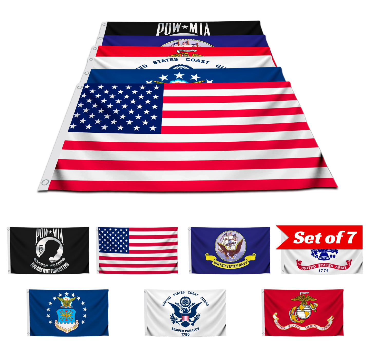 Set of 7 US Military Flags 3 x 5ft - Air Force - Navy - USA - Coast Guard - Marine Corps - Army Space Force - Heavy Duty Veteran Banner Flag with Good